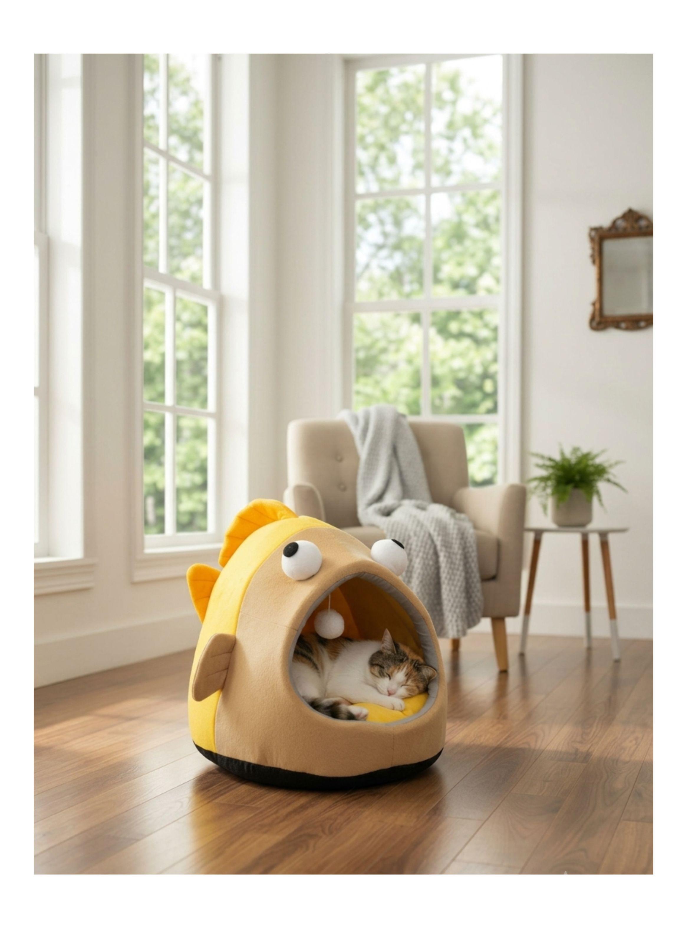  Cama Cueva Iglú Para Gatos Y Perros Diseño Pez Amarillo Talla M-1