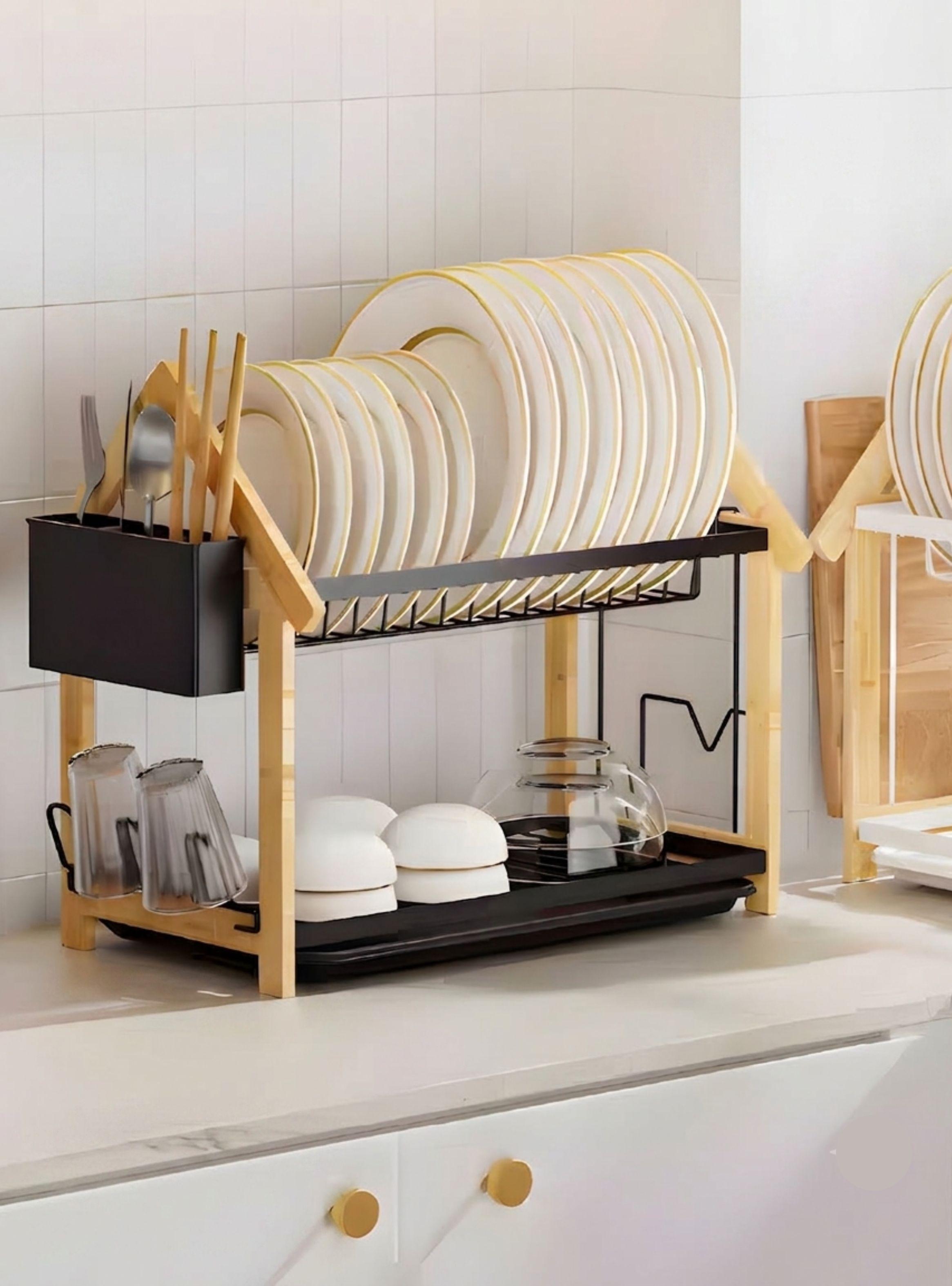  Escurridor Platos 2 Niveles Bambú y Metal Negro Organizador Cocina-2