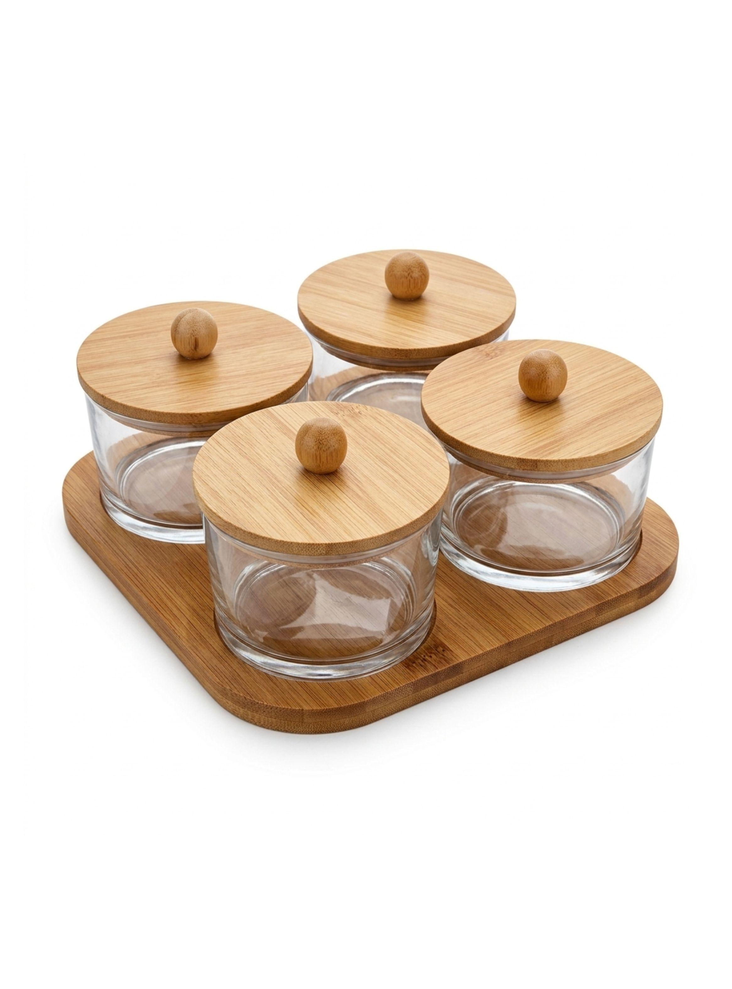 Set De 4 Frascos De Vidrio Con Tapa De Bambú Y Base-0