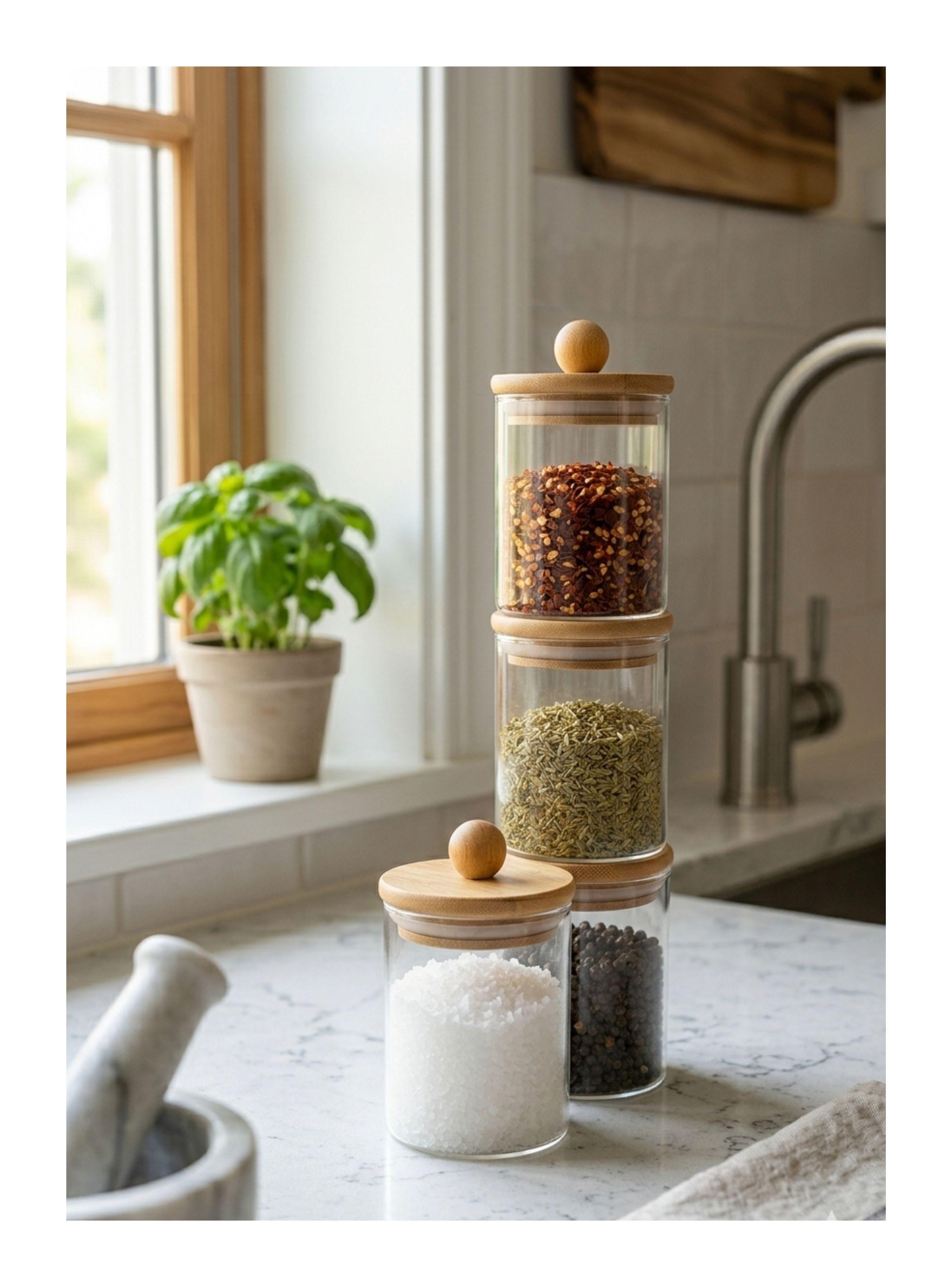 Set De 4 Frascos De Vidrio Con Tapa De Bambú Y Base-2