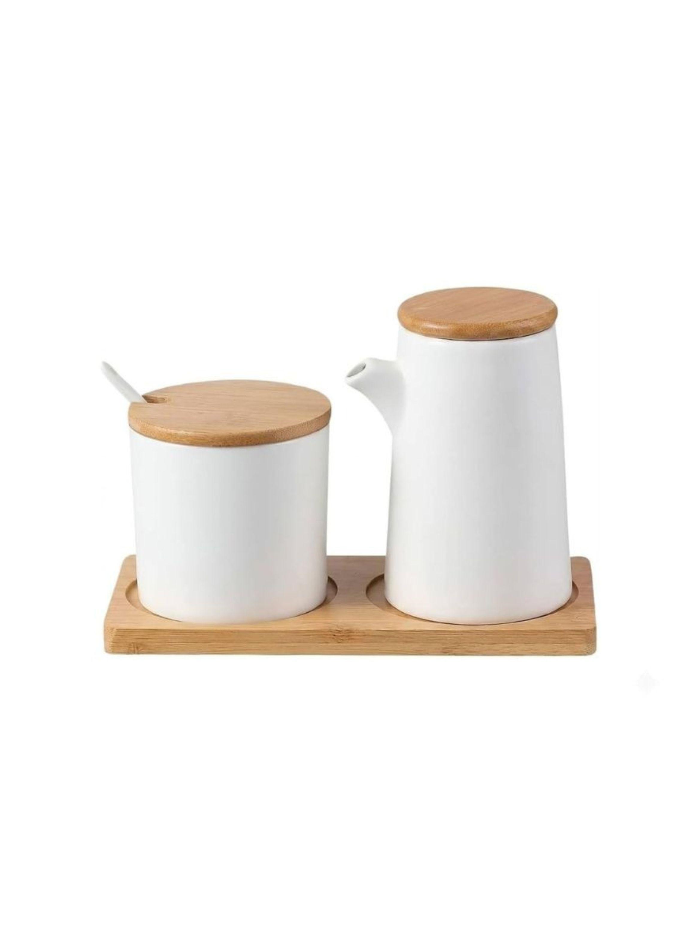  Set 2 Condimenteros Cerámica Blanca Tapa Bambú Bandeja Cocina-0