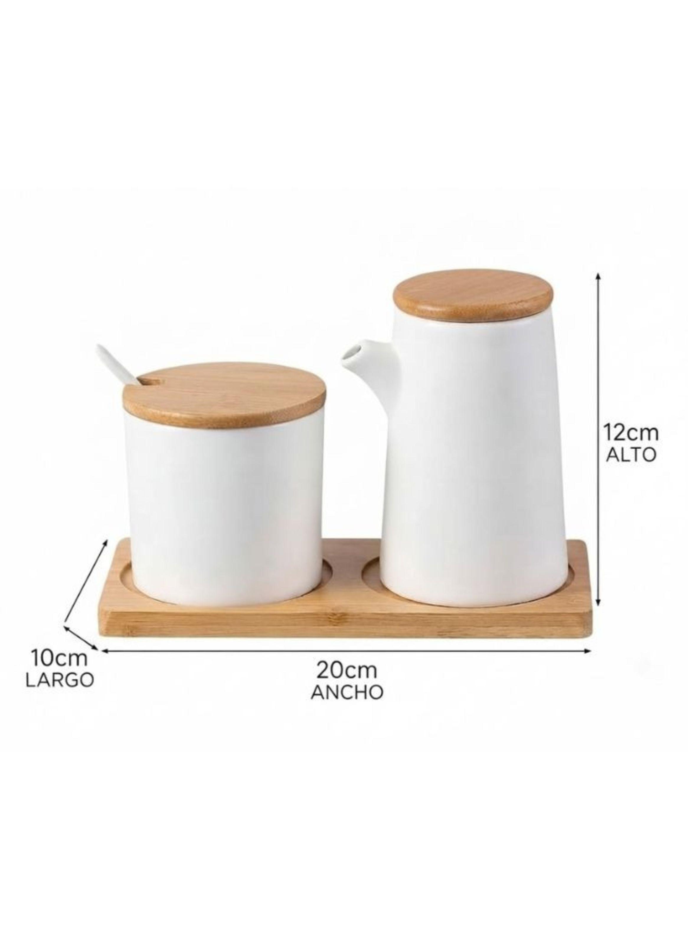  Set 2 Condimenteros Cerámica Blanca Tapa Bambú Bandeja Cocina-1