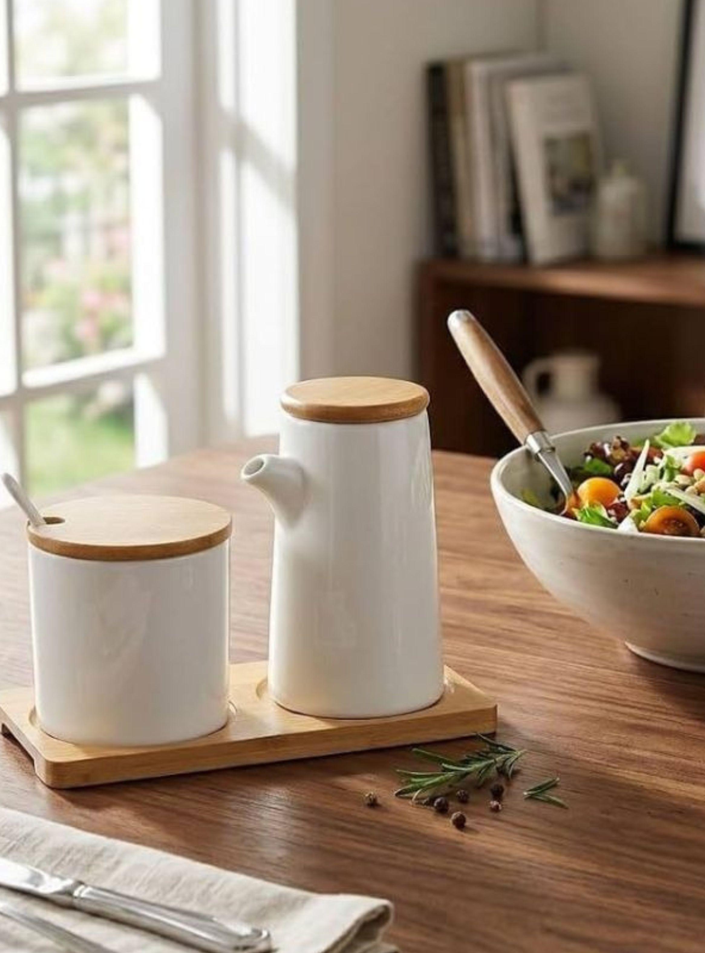  Set 2 Condimenteros Cerámica Blanca Tapa Bambú Bandeja Cocina-3