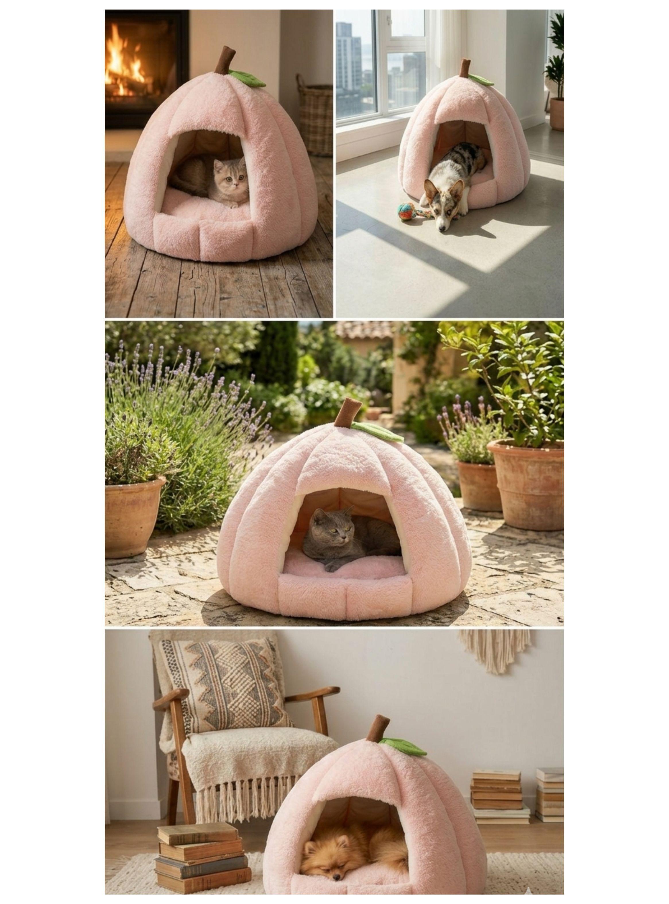 Cama Tipo Cueva Iglú Para Mascotas Perro Gato Felpa Suave 45x45-3