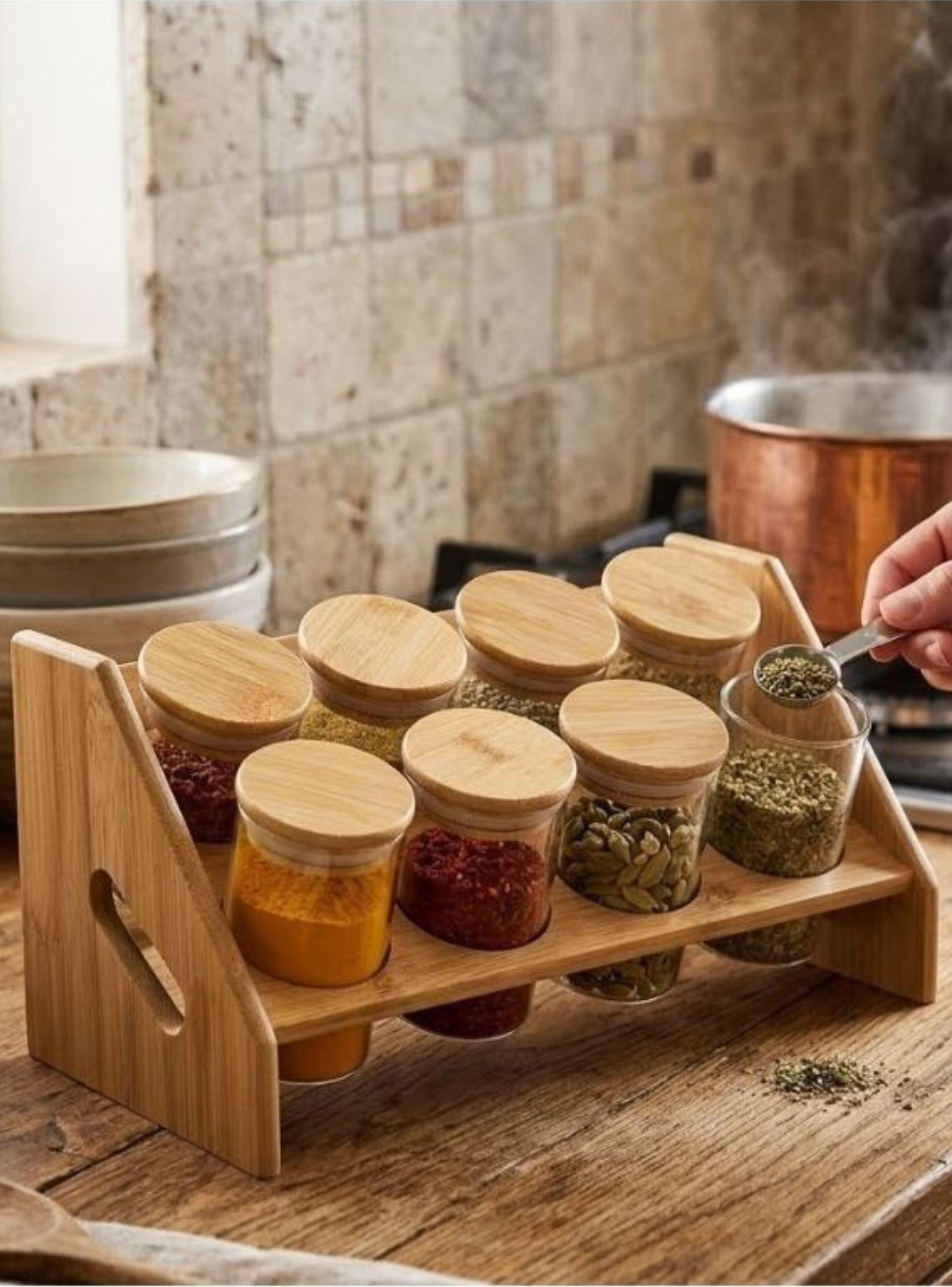 Set 8 Frascos Condimenteros Rack Estante Bambú Cocina-3