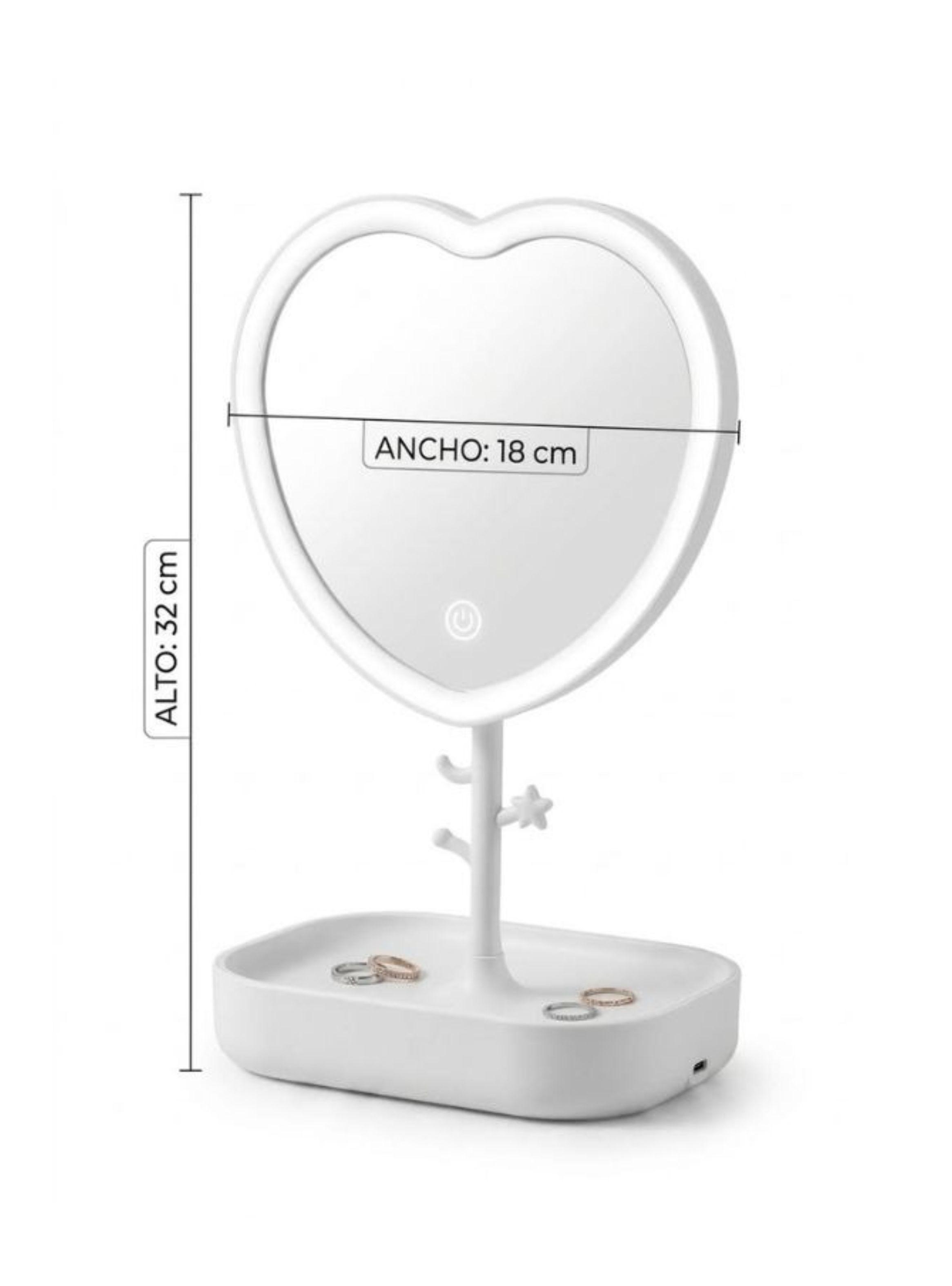 Espejo Maquillaje LED Corazón Blanco Con Base Organizadora USB-2