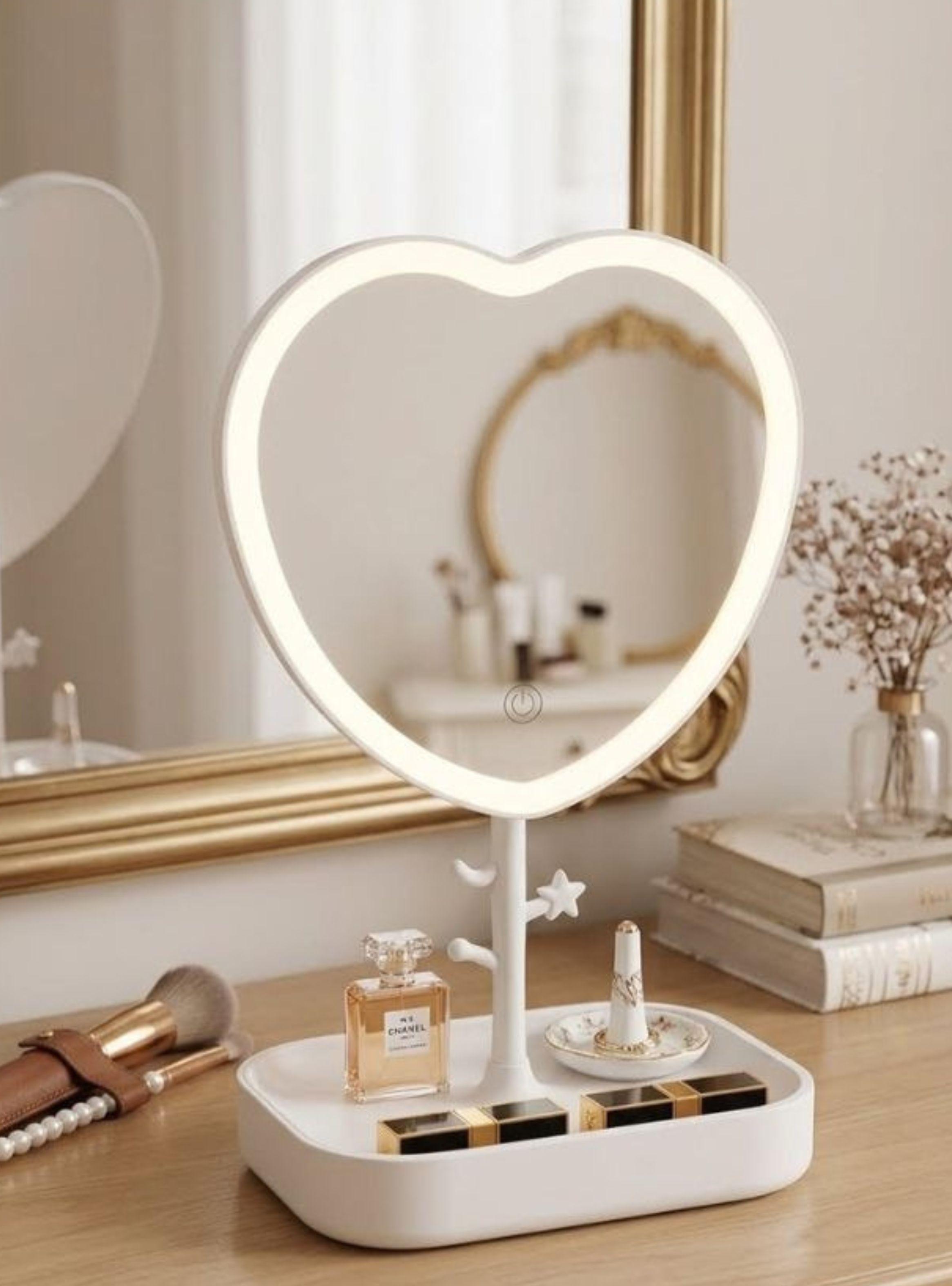 Espejo Maquillaje LED Corazón Blanco Con Base Organizadora USB-4