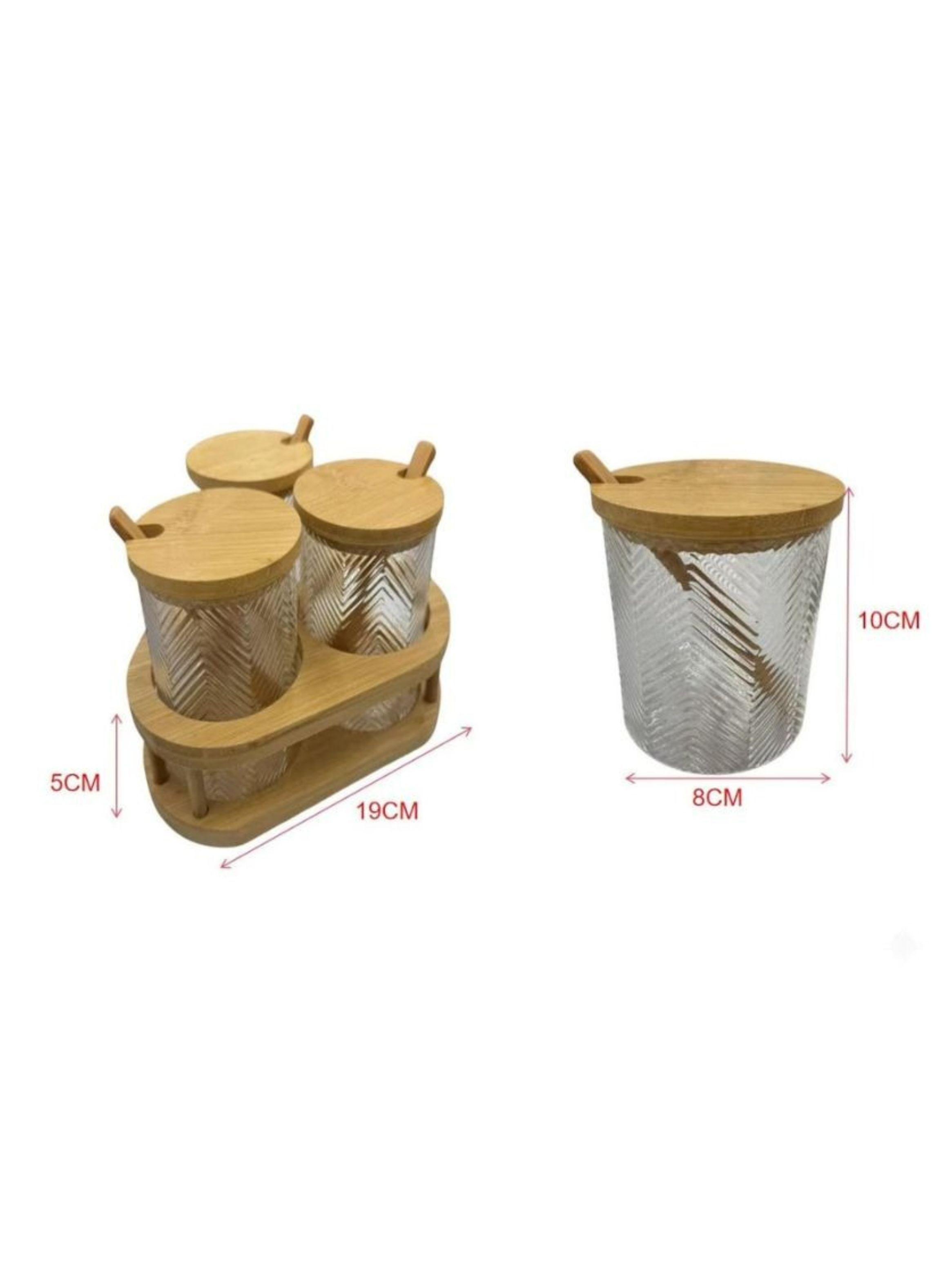  Set 3 Frascos Condimentos Vidrio Tapa Bambú Soporte Cocina-1