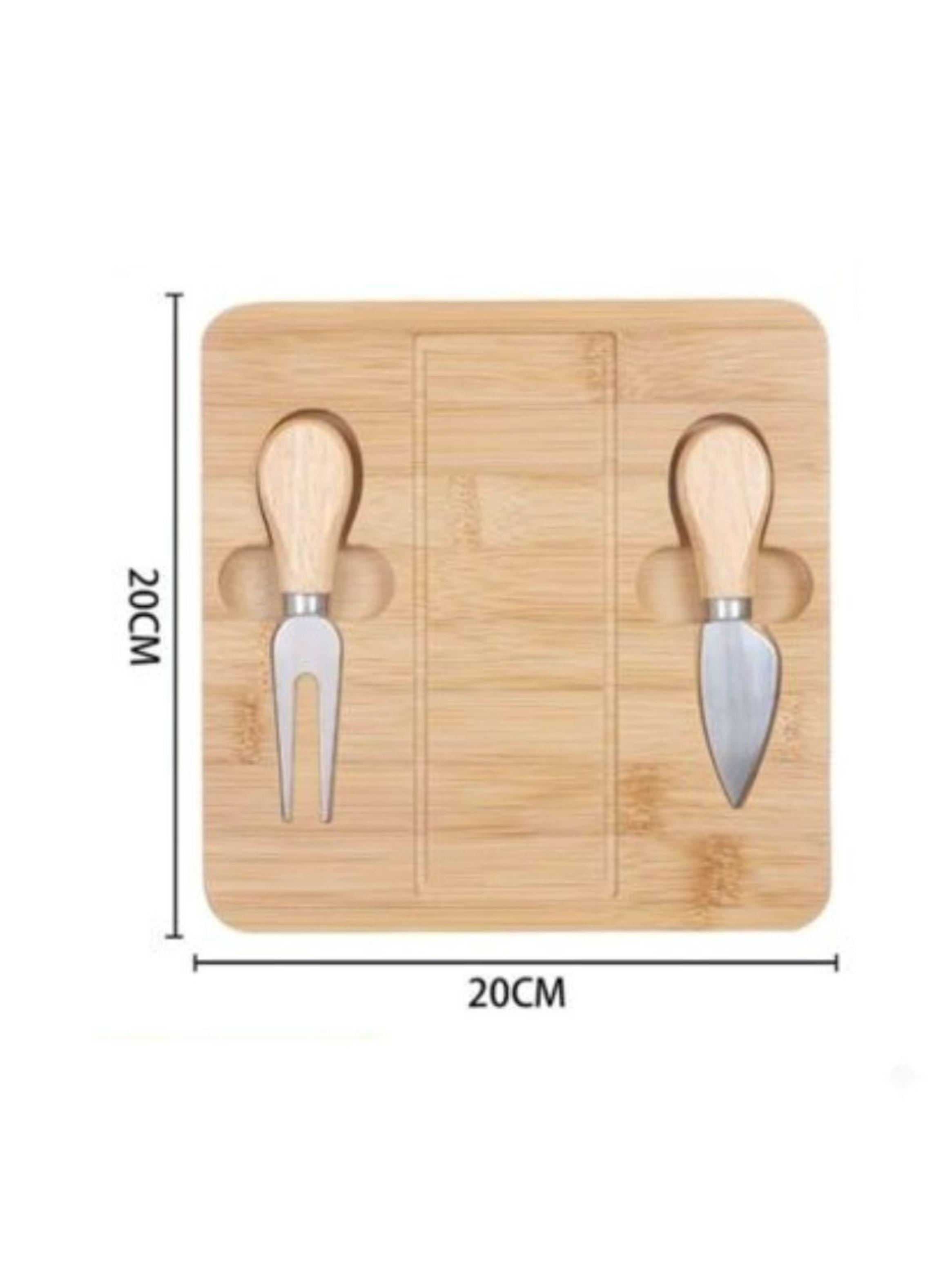 Set 3 Piezas Tabla De Quesos Madera Bambú Cuadrada  Con Cubiertos-1