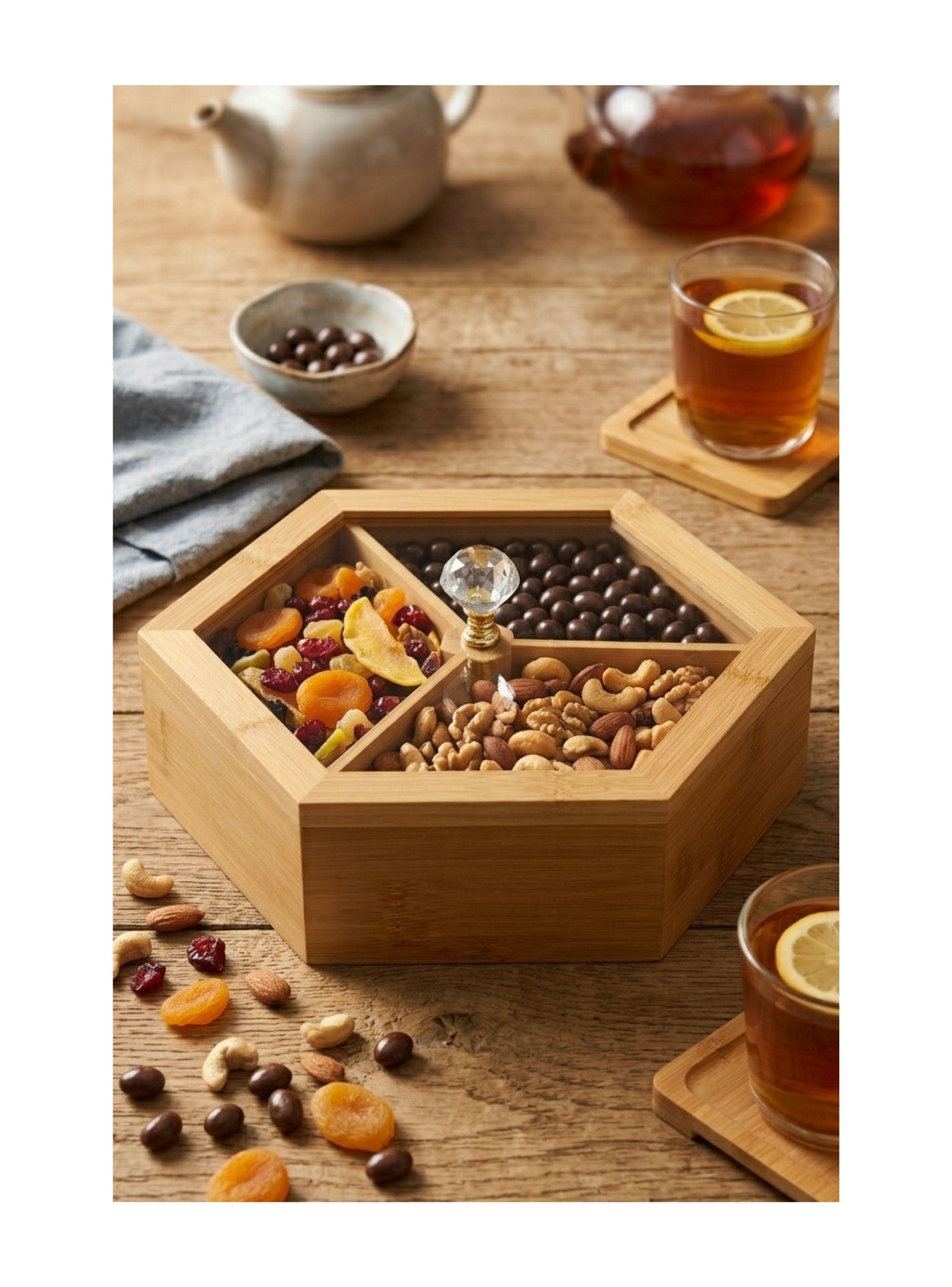 Caja Organizadora Contenedor Snack Bambú Hexagonal Con Tapa Divisor-2