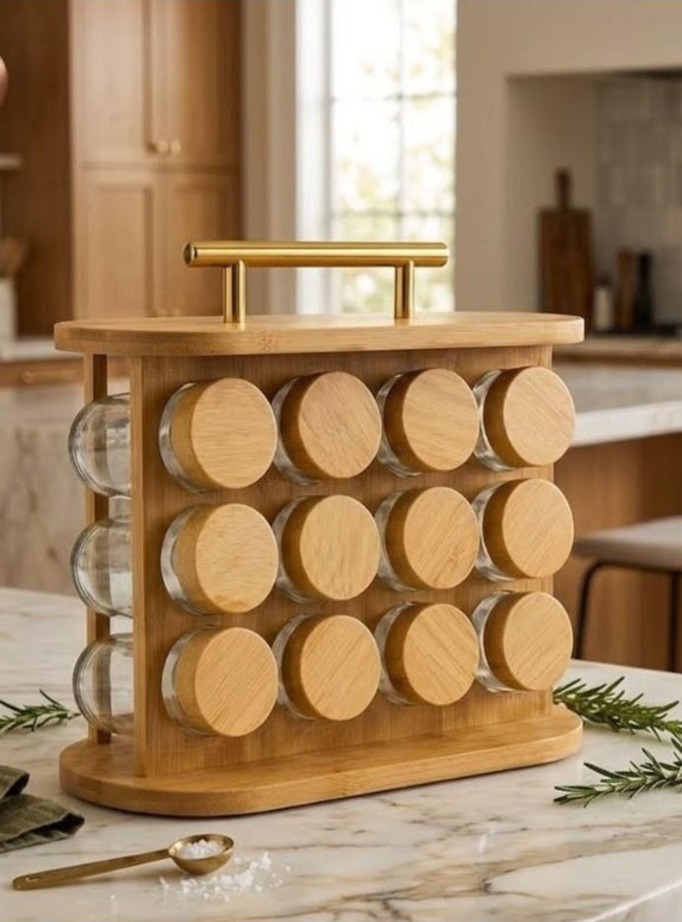  Especiero Giratorio 12 Frascos Vidrio Soporte Bambú Carrusel Cocina-2