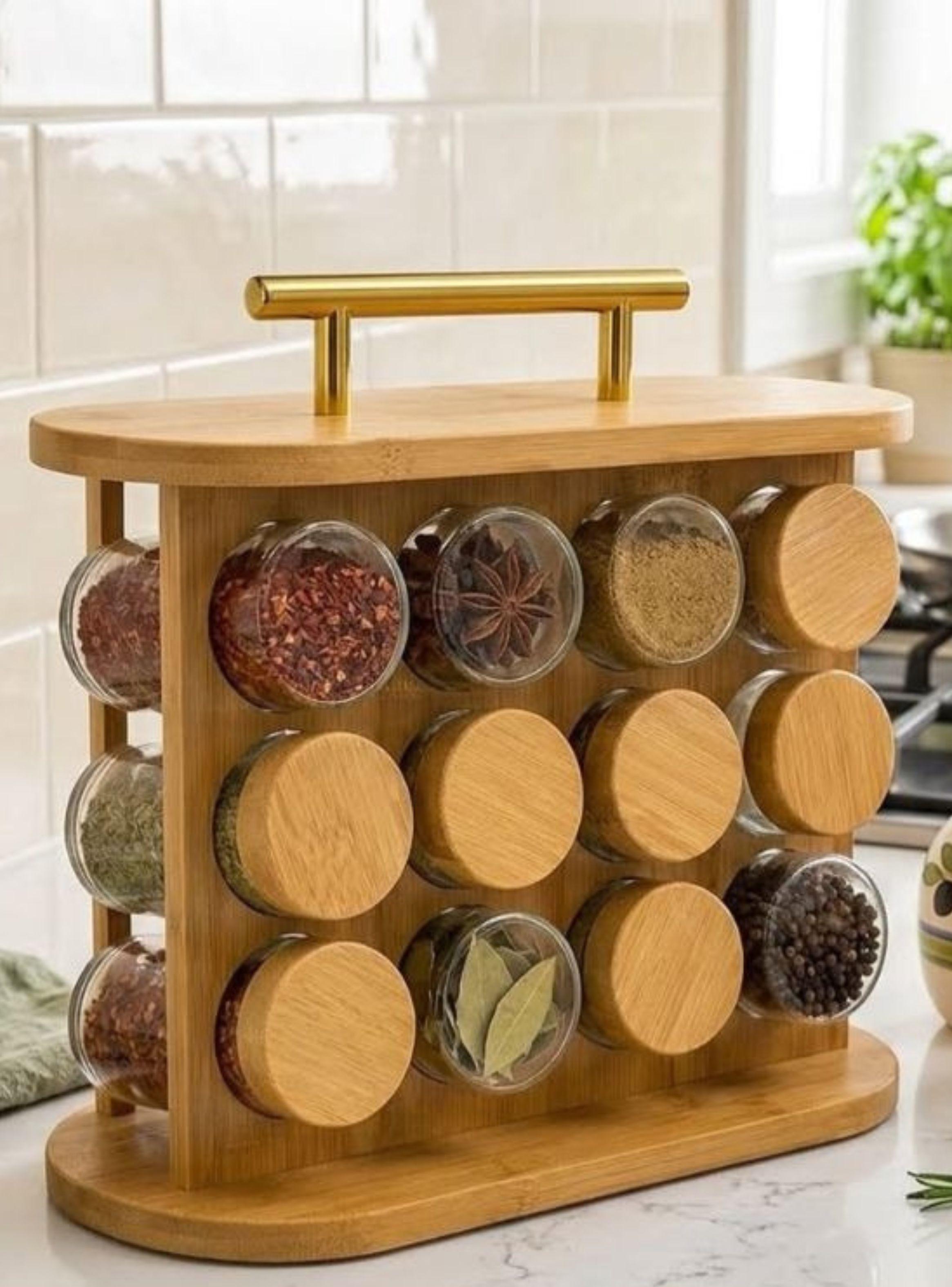  Especiero Giratorio 12 Frascos Vidrio Soporte Bambú Carrusel Cocina-3