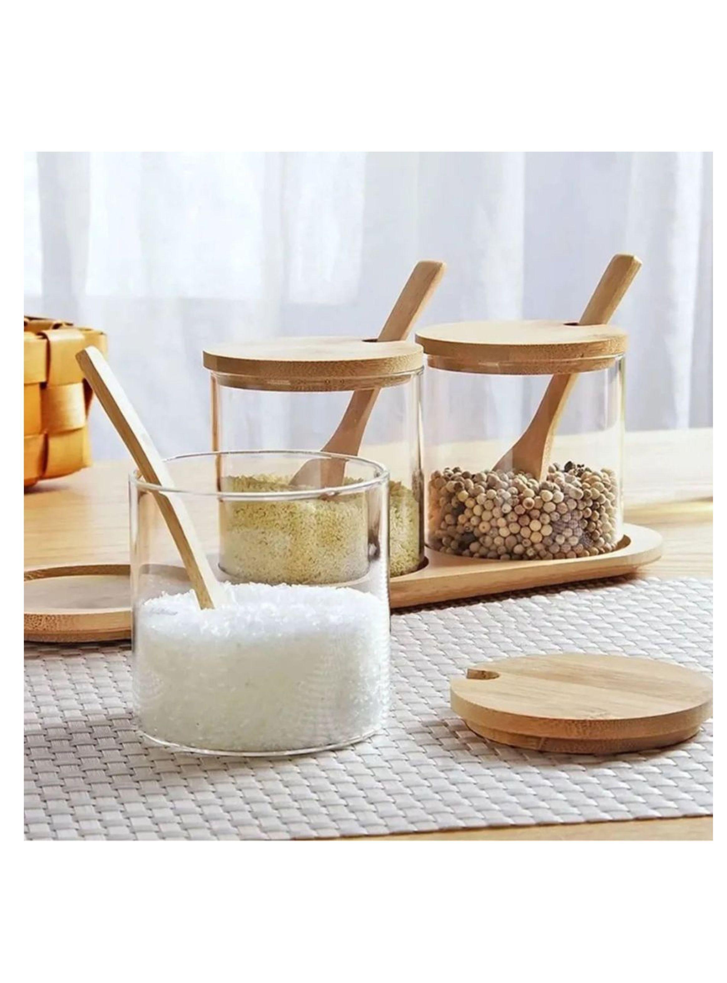 Set 3 Frascos Para Condimentos Vidrio Tapa Bambu-2