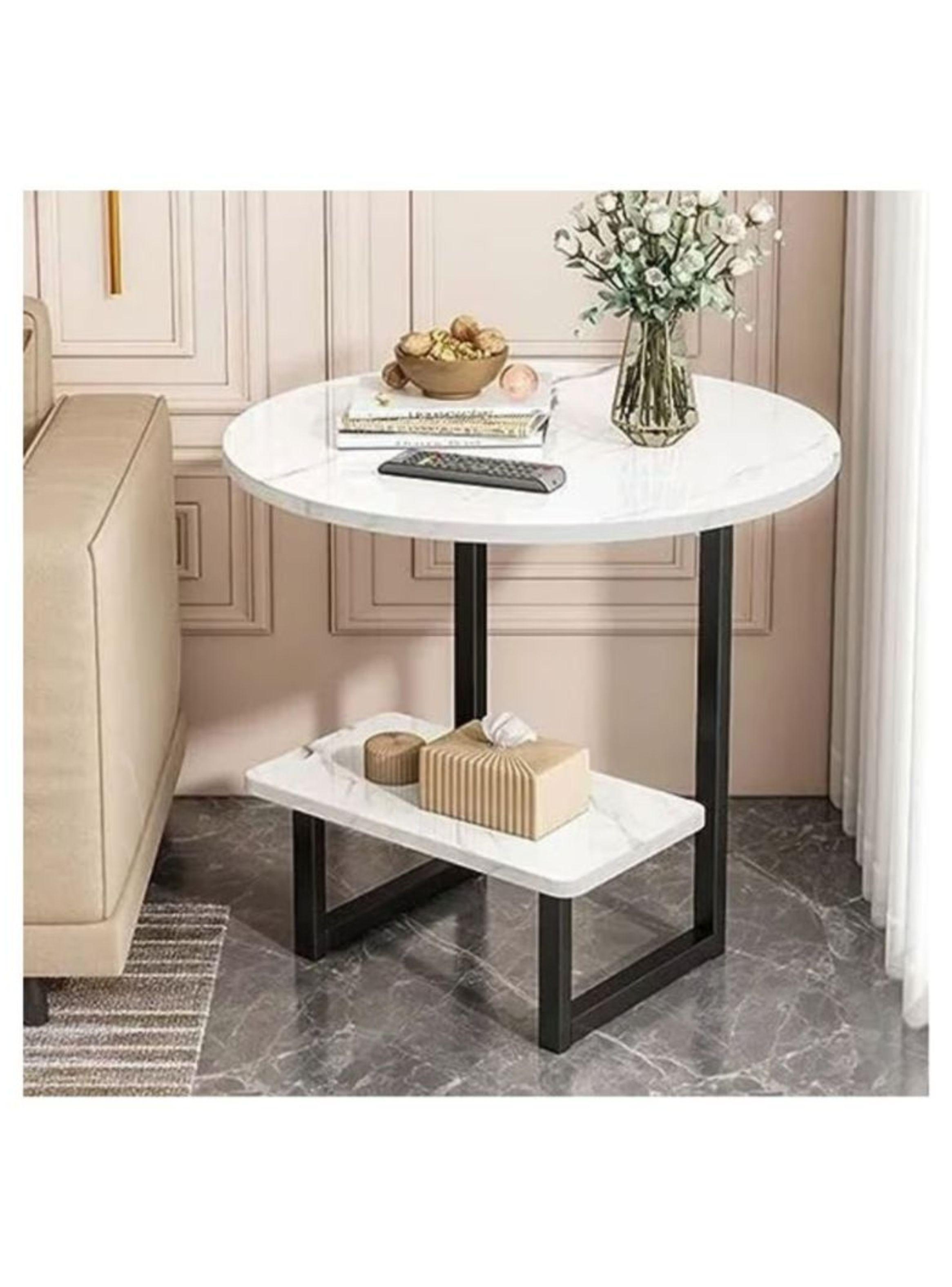 Mesa Auxiliar Mármol Para Sofá Mesa Esquinera De 2 Nivel Blanco-0