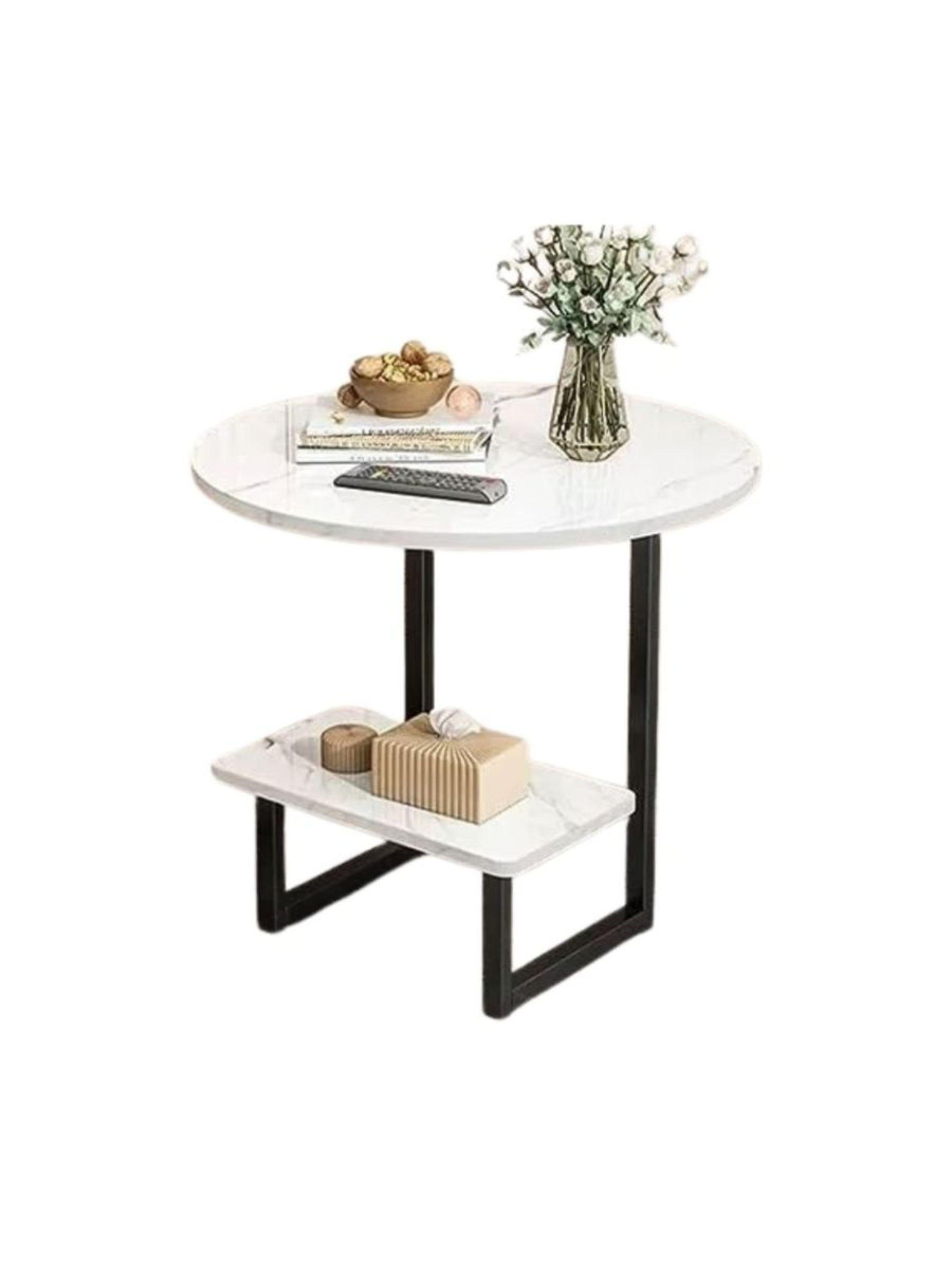 Mesa Auxiliar Mármol Para Sofá Mesa Esquinera De 2 Nivel Blanco-1