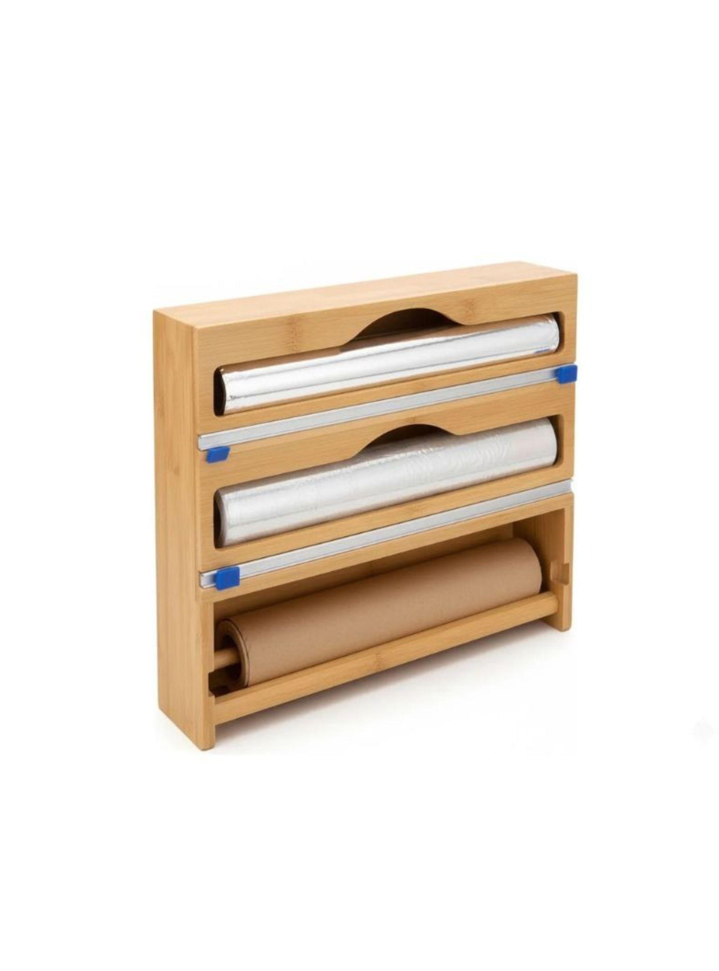 Organizador Dispensador 3 Rollos Cocina Bambú  Cortador Integrado-0