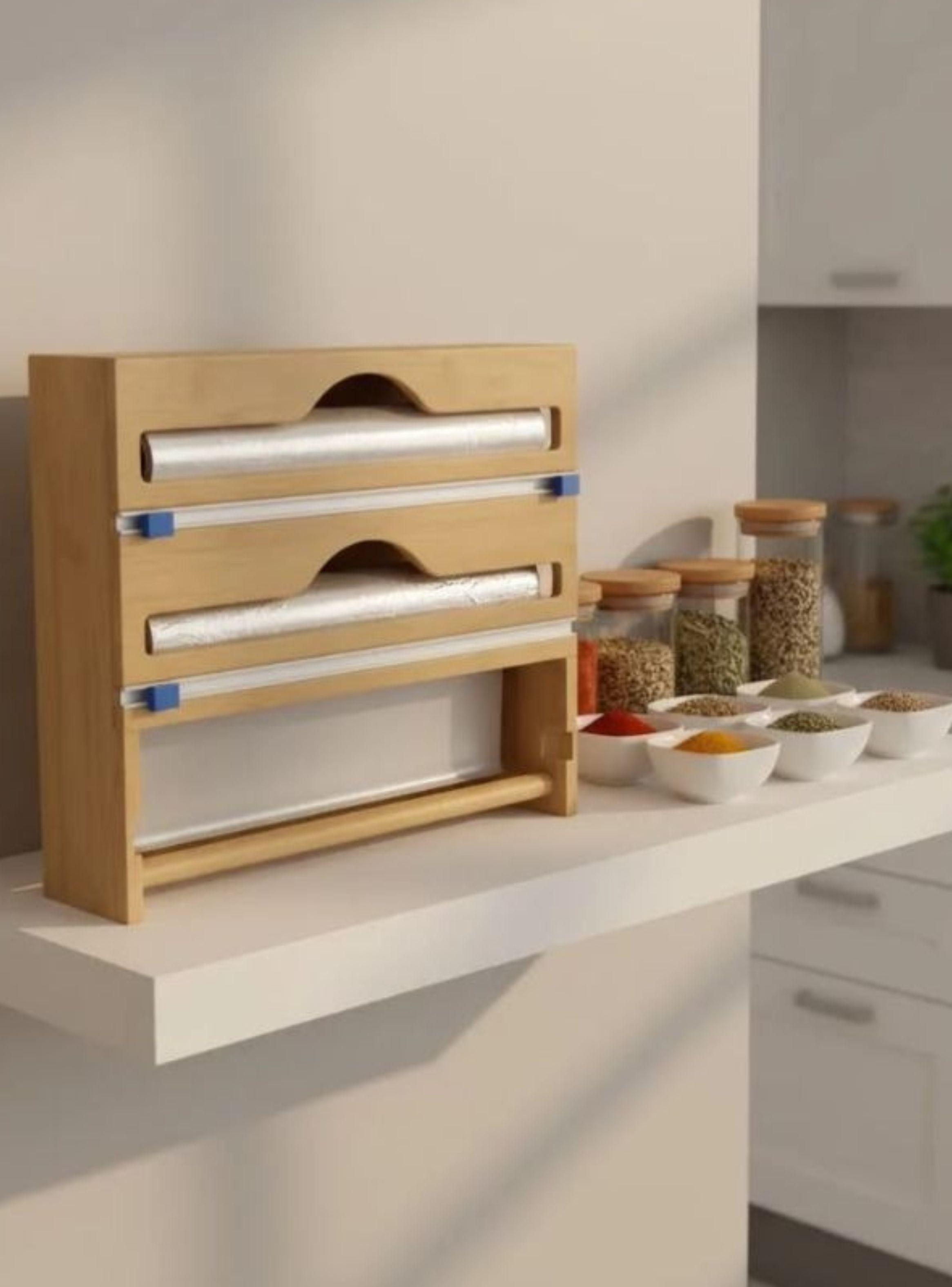 Organizador Dispensador 3 Rollos Cocina Bambú  Cortador Integrado-1