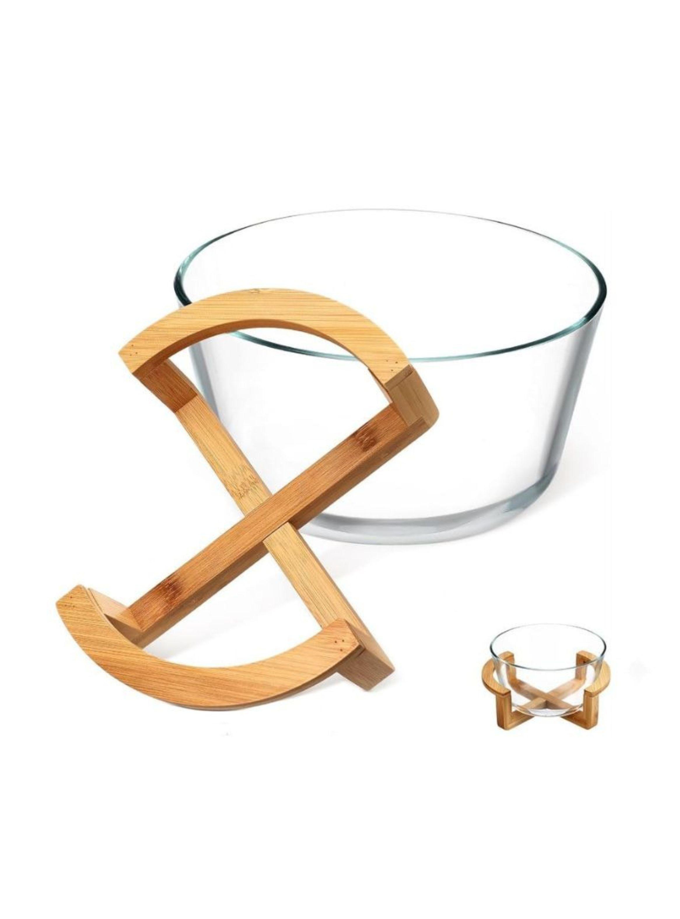 Bowl De Vidrio Base Bambú Ensaladera Multiuso Elegante-3