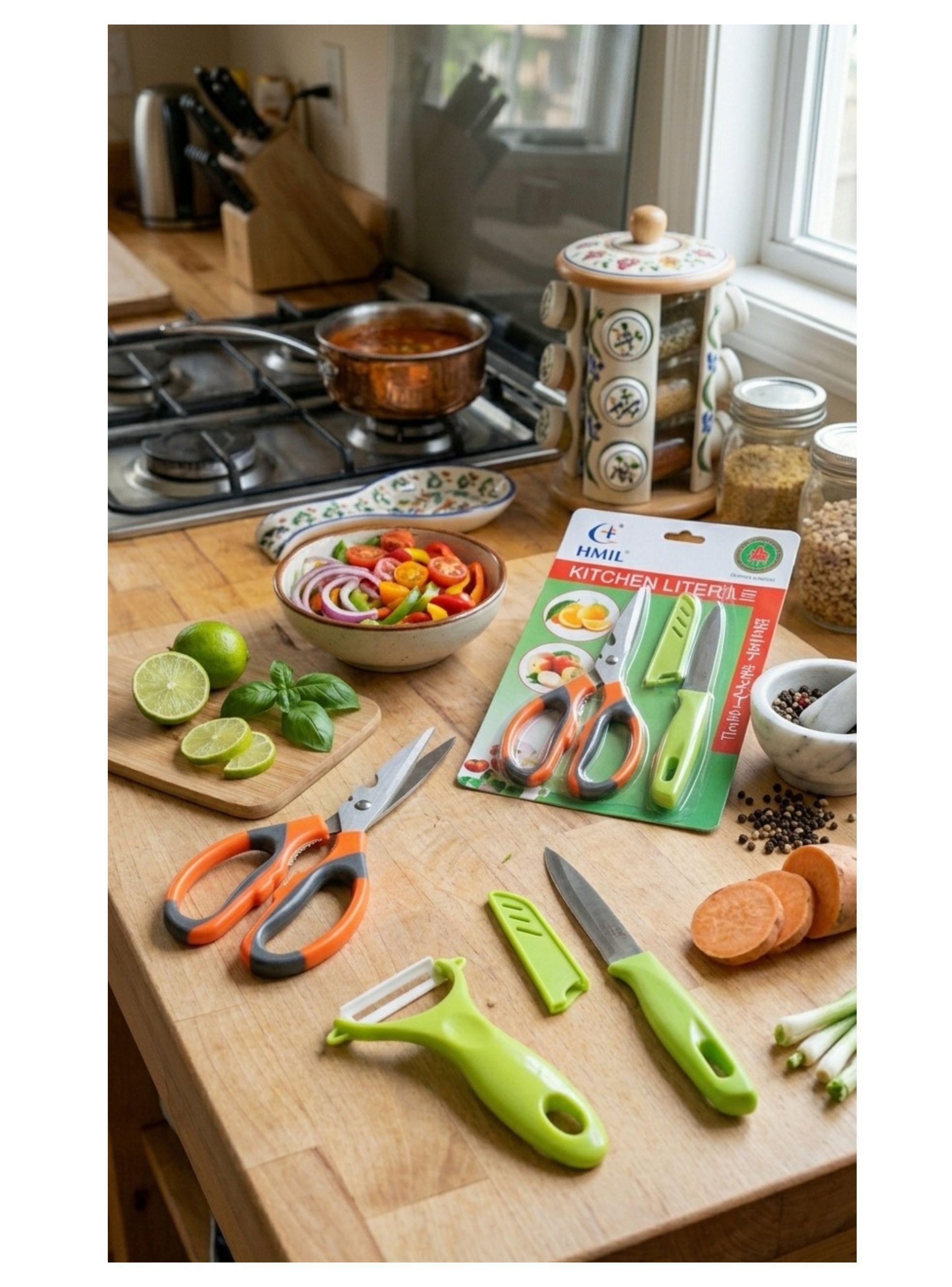 Set Cocina Tijeras Multiuso Cuchillo Pelador Papas Frutas-2