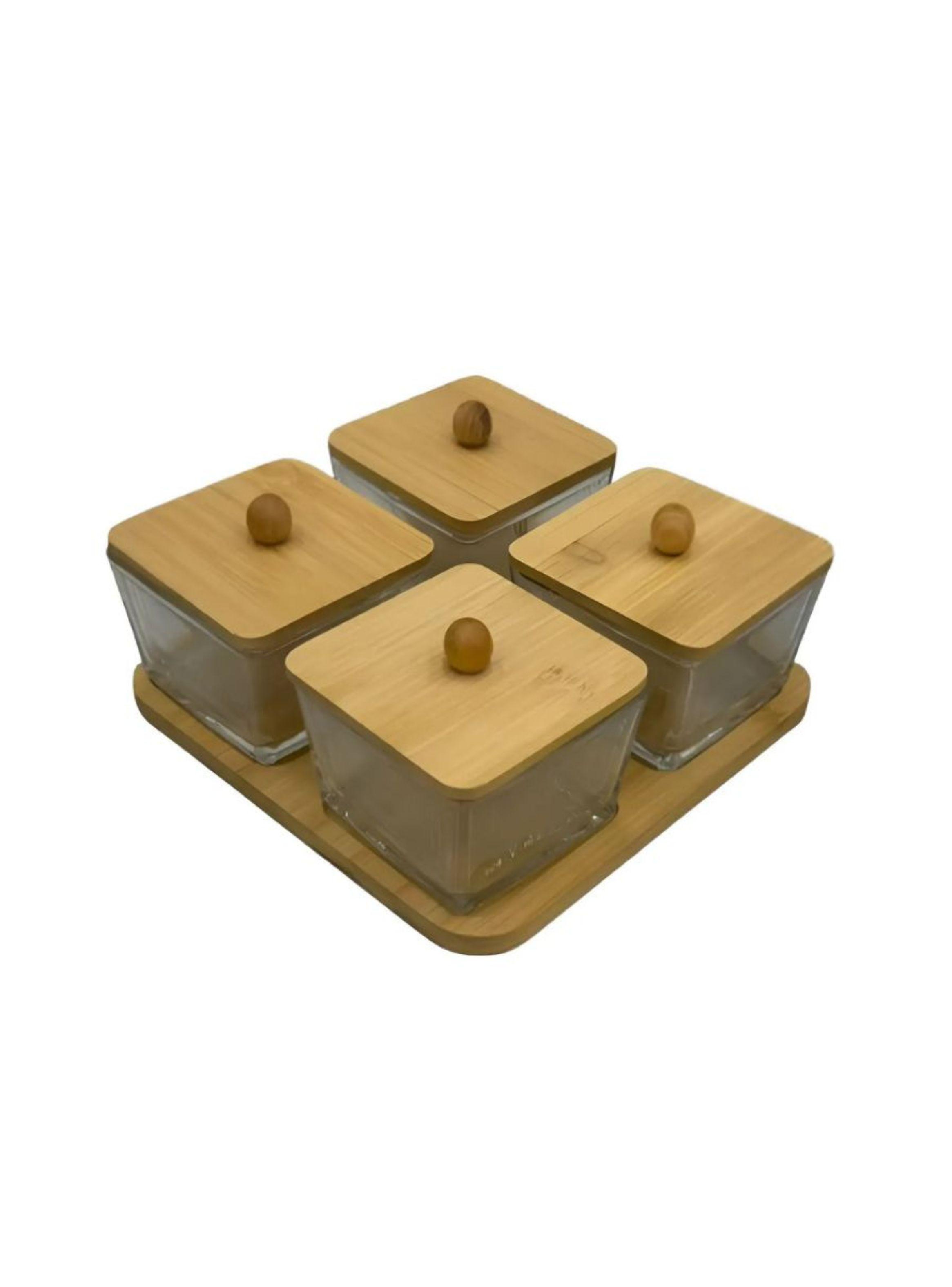 Set 4 Frascos De Vidrio Con Tapa De Bambú Y Base De Madera Cuadrado-0
