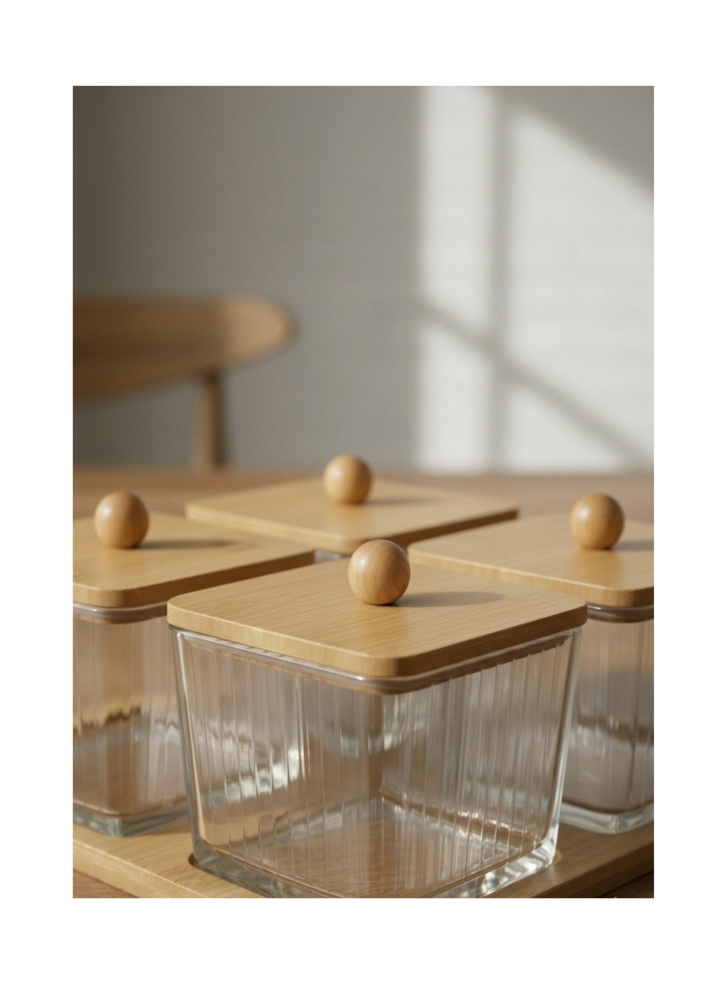 Set 4 Frascos De Vidrio Con Tapa De Bambú Y Base De Madera Cuadrado-2