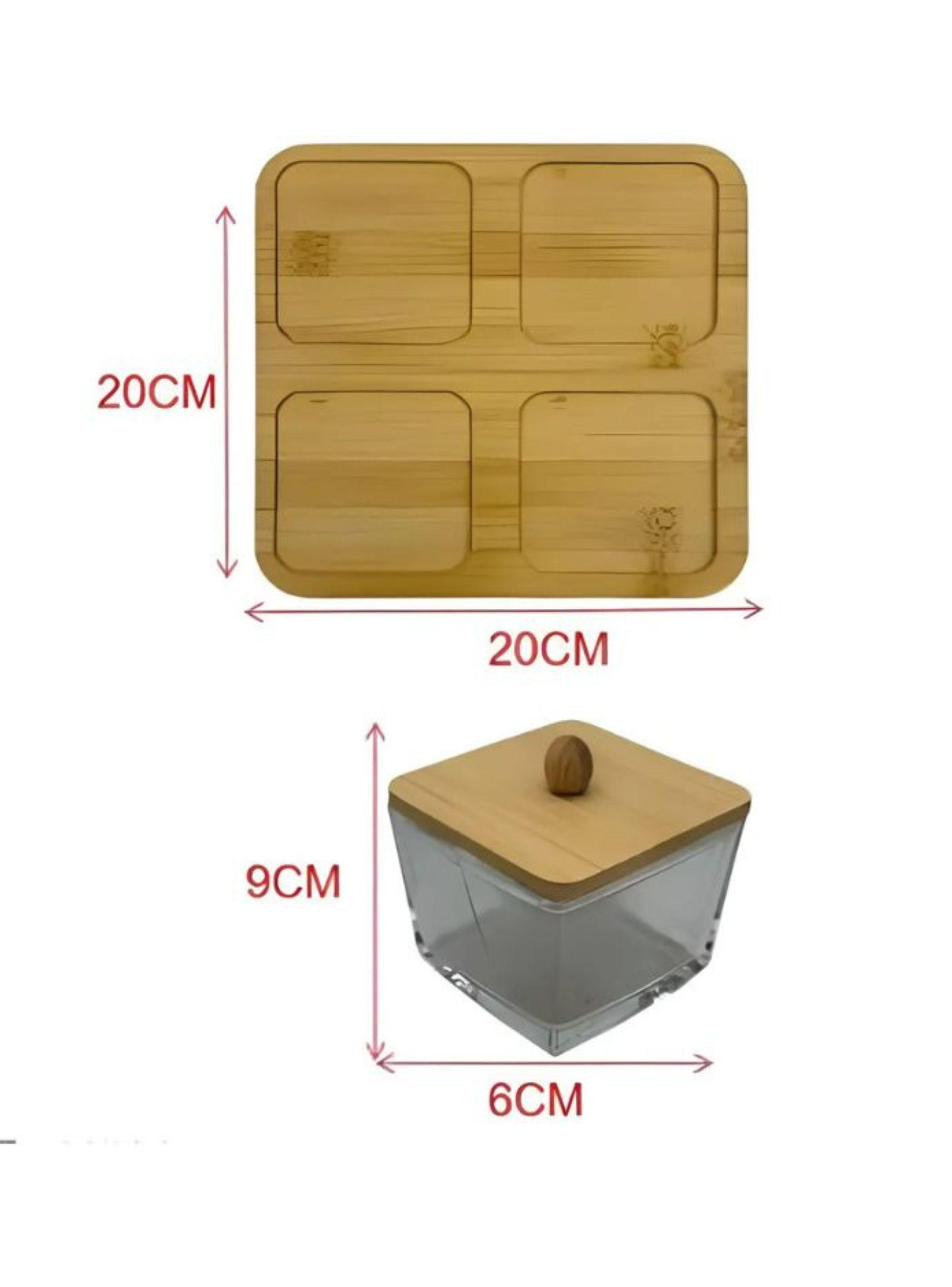 Set 4 Frascos De Vidrio Con Tapa De Bambú Y Base De Madera Cuadrado-4