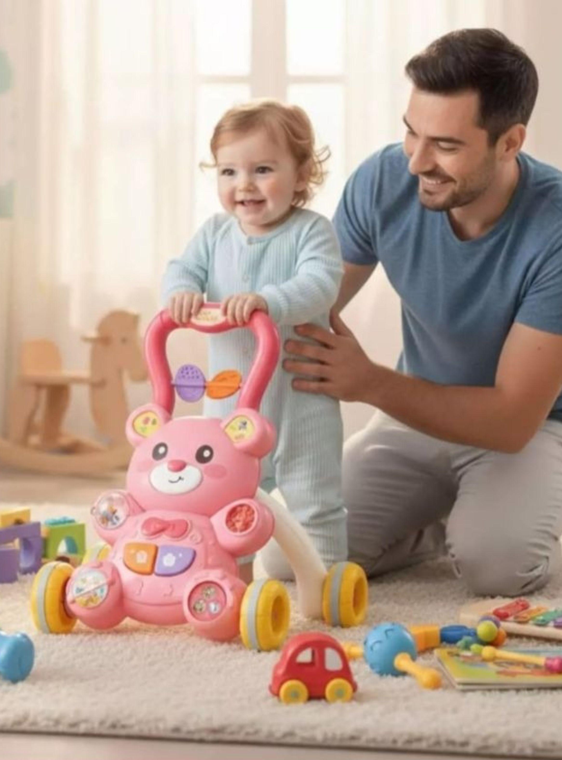  Andador Y Mesa Didáctica 2 En 1 Interactivo Musical Para Bebés Diseño Osito Rosa-3