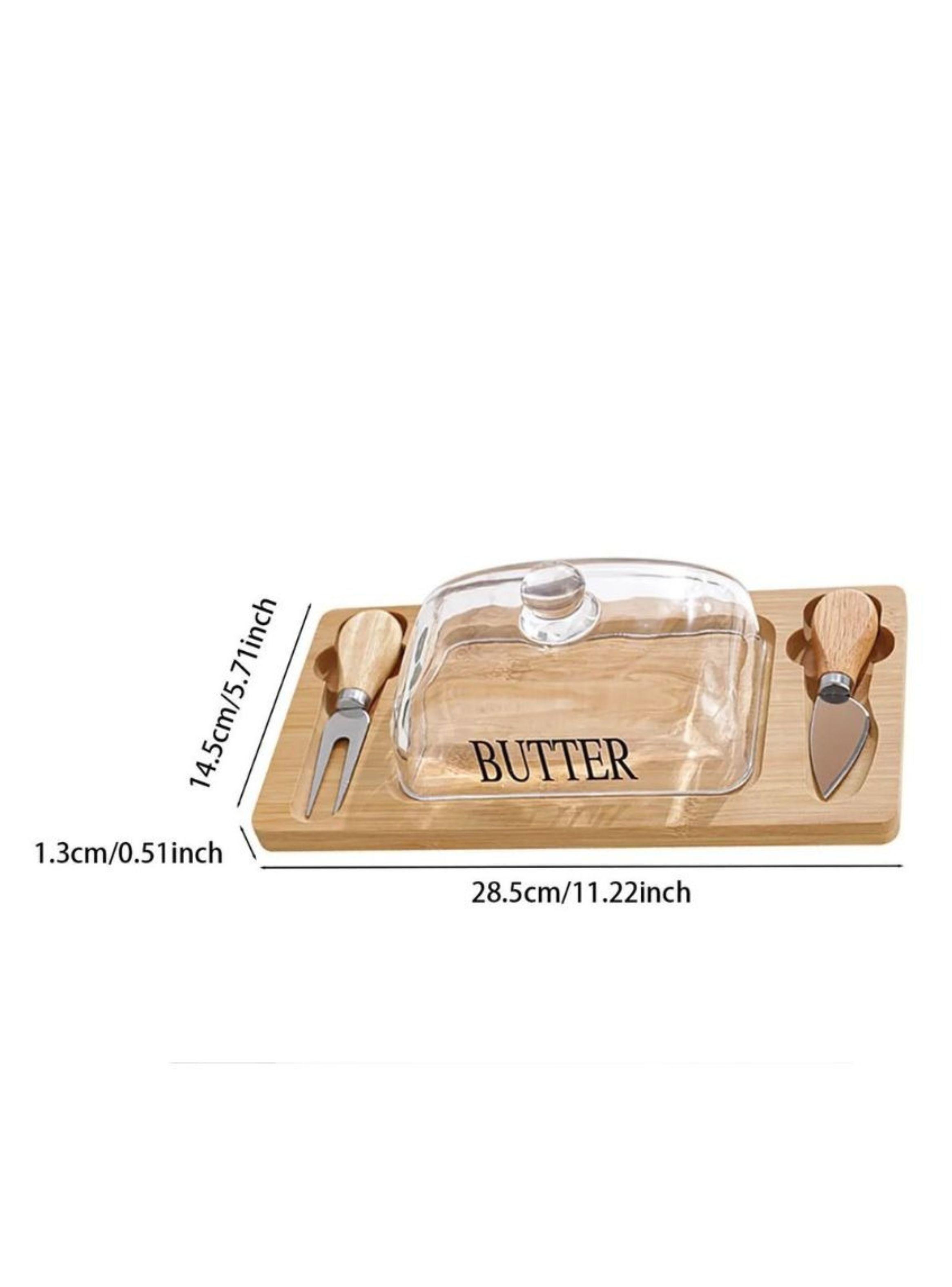 Set Mantequillera De Vidrio Con Base De Madera 3 Piezas-2