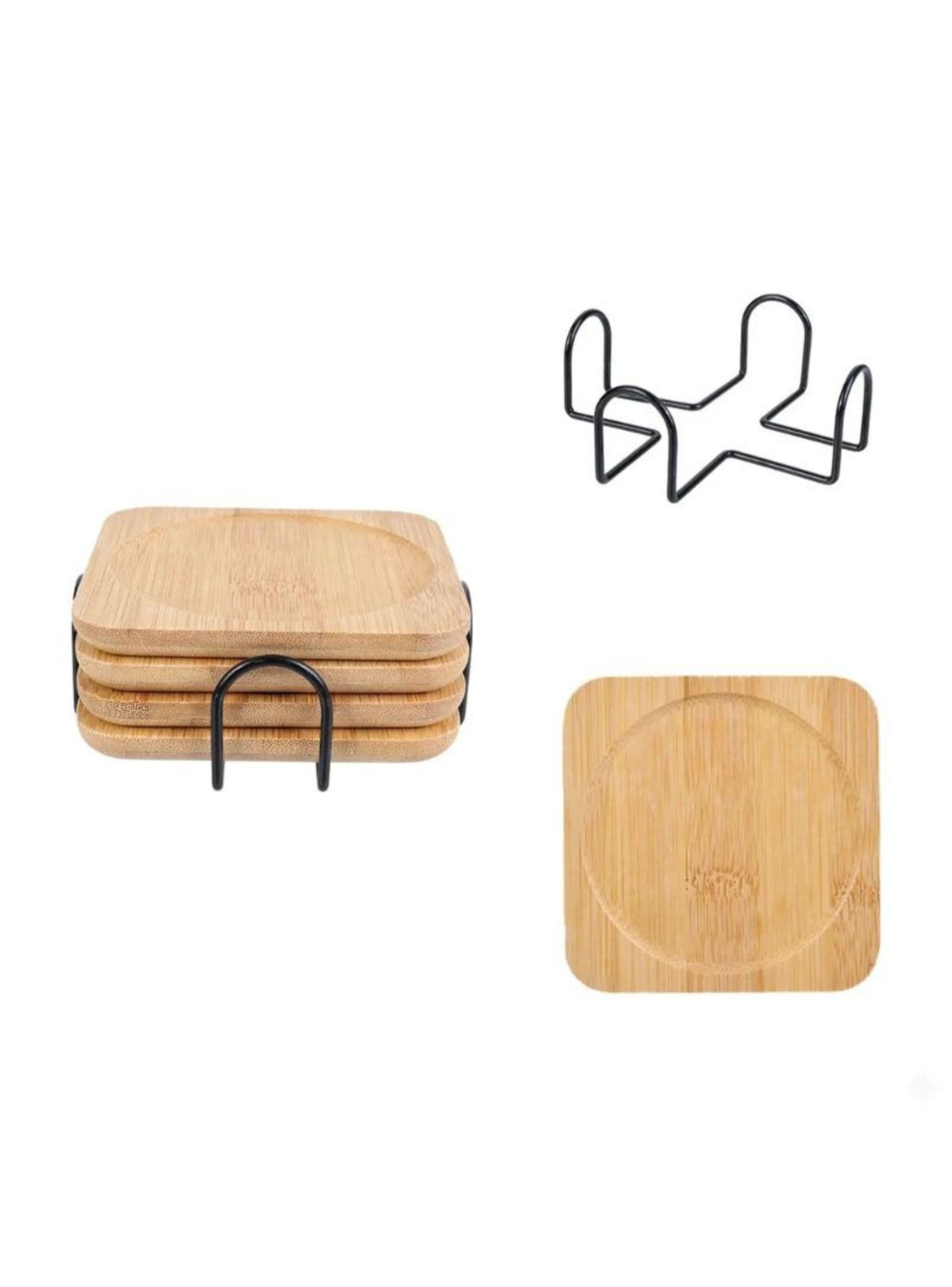 Set 5 Posavasos De Bambú Cuadrados Madera Con Soporte-2