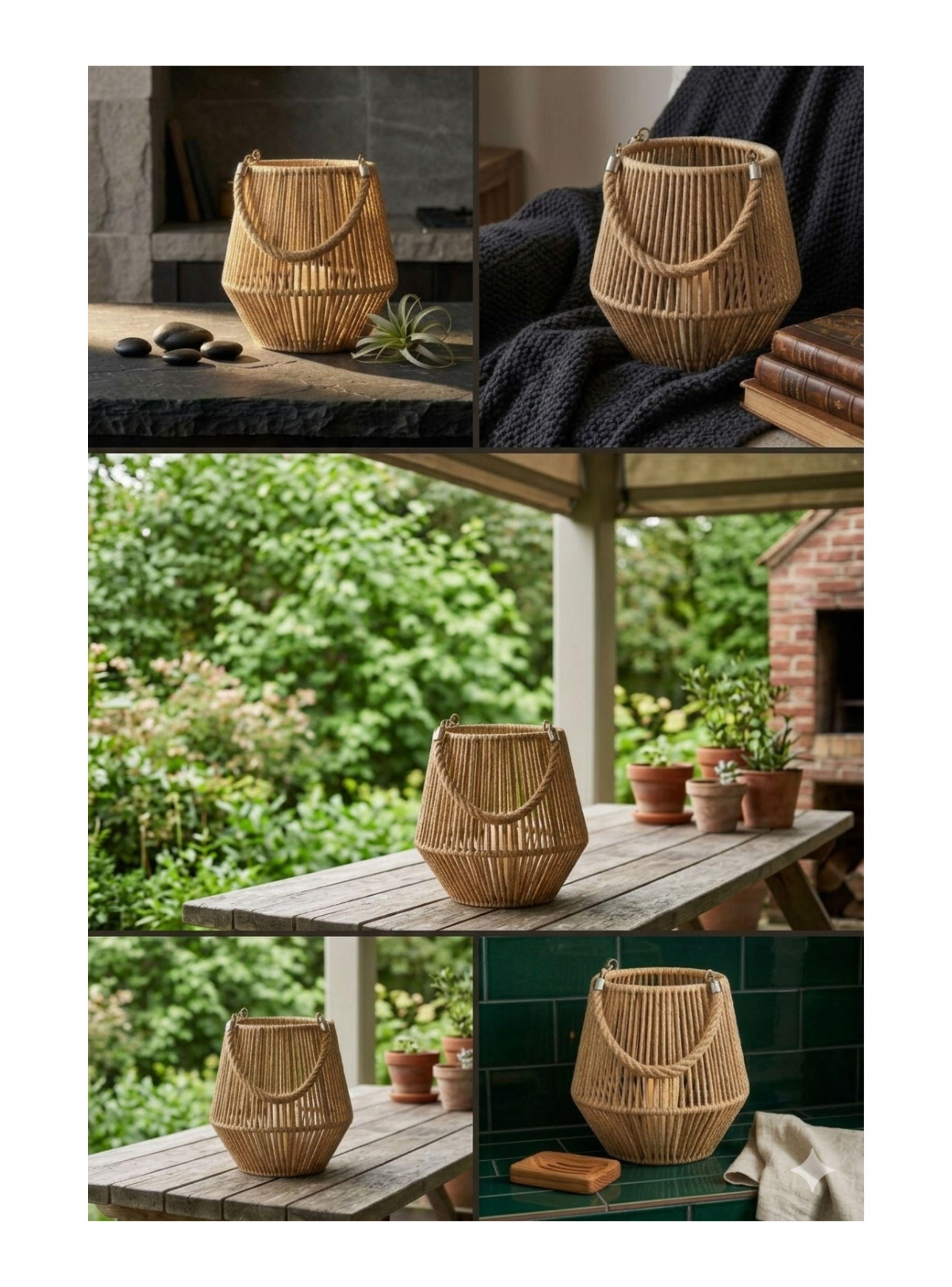 Porta Vela Decorativo Estilo Rústico con Asa de Cuerda Natural-3