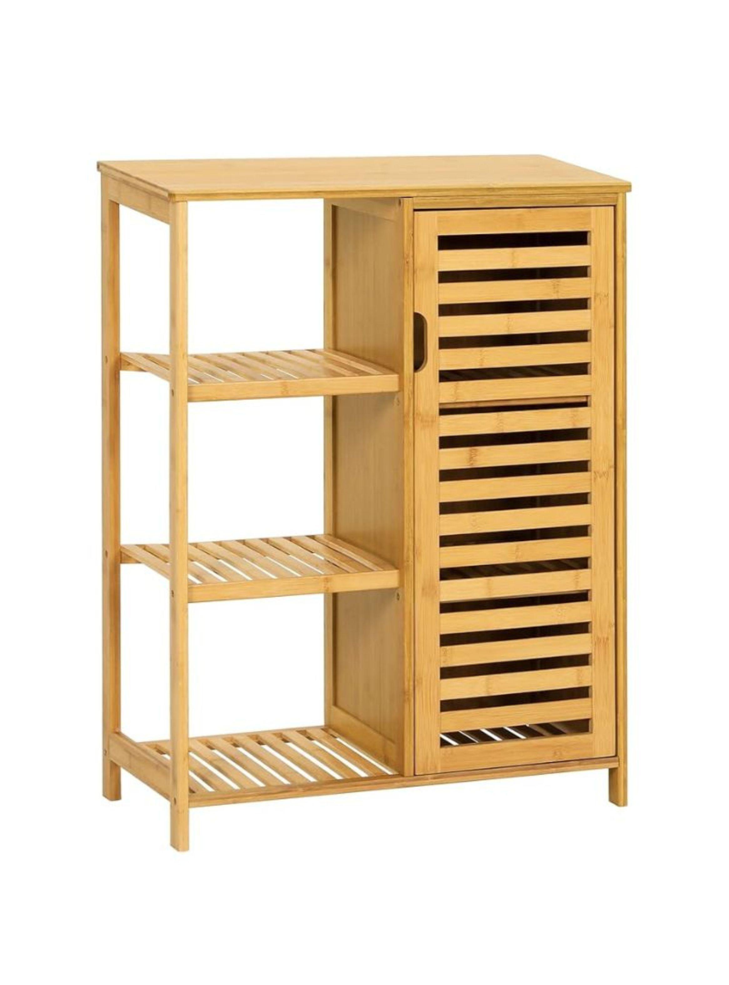 Armario De Almacenamiento 3 Estantes Laterales Puertas De Bambú-0