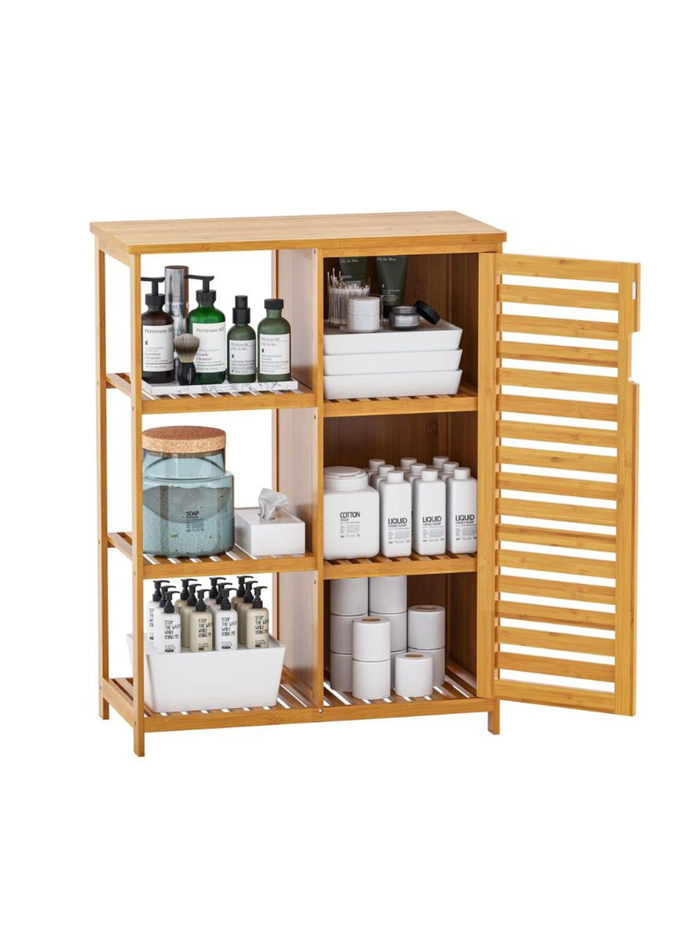 Armario De Almacenamiento 3 Estantes Laterales Puertas De Bambú-2