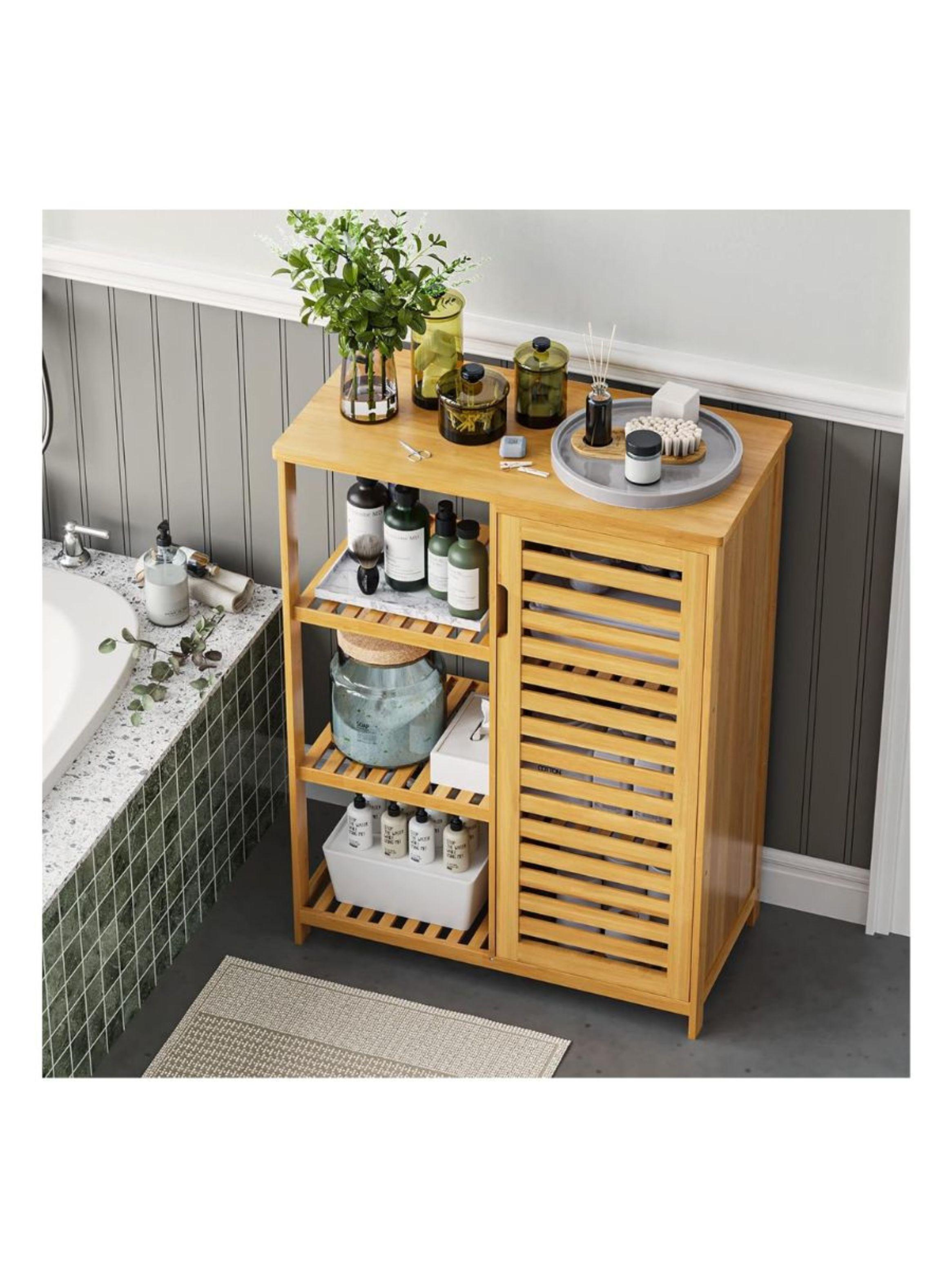 Armario De Almacenamiento 3 Estantes Laterales Puertas De Bambú-3