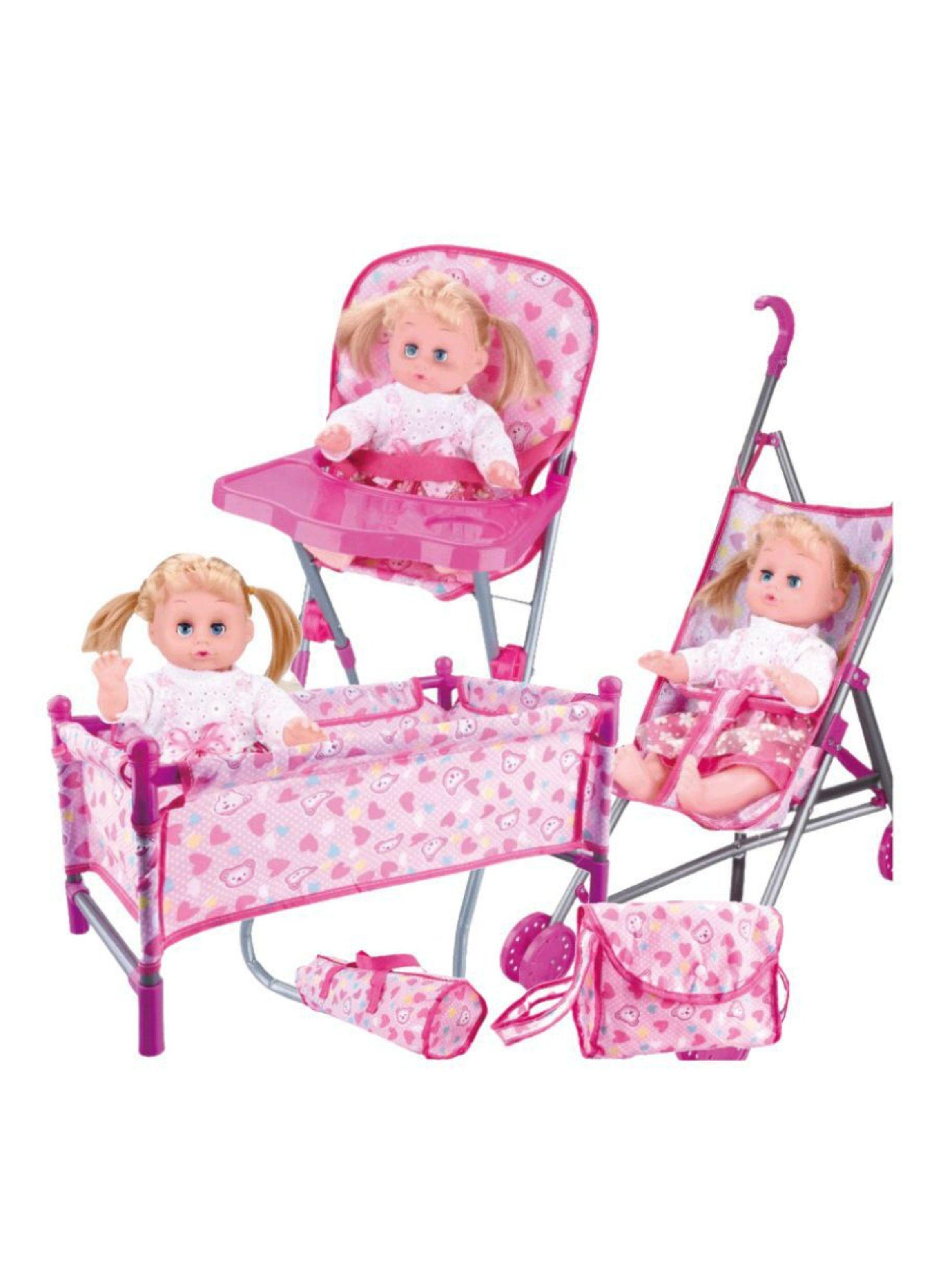 Set Juego Muñecas 5 En 1 Cuna Coche Silla Comedor Y Bolso-3
