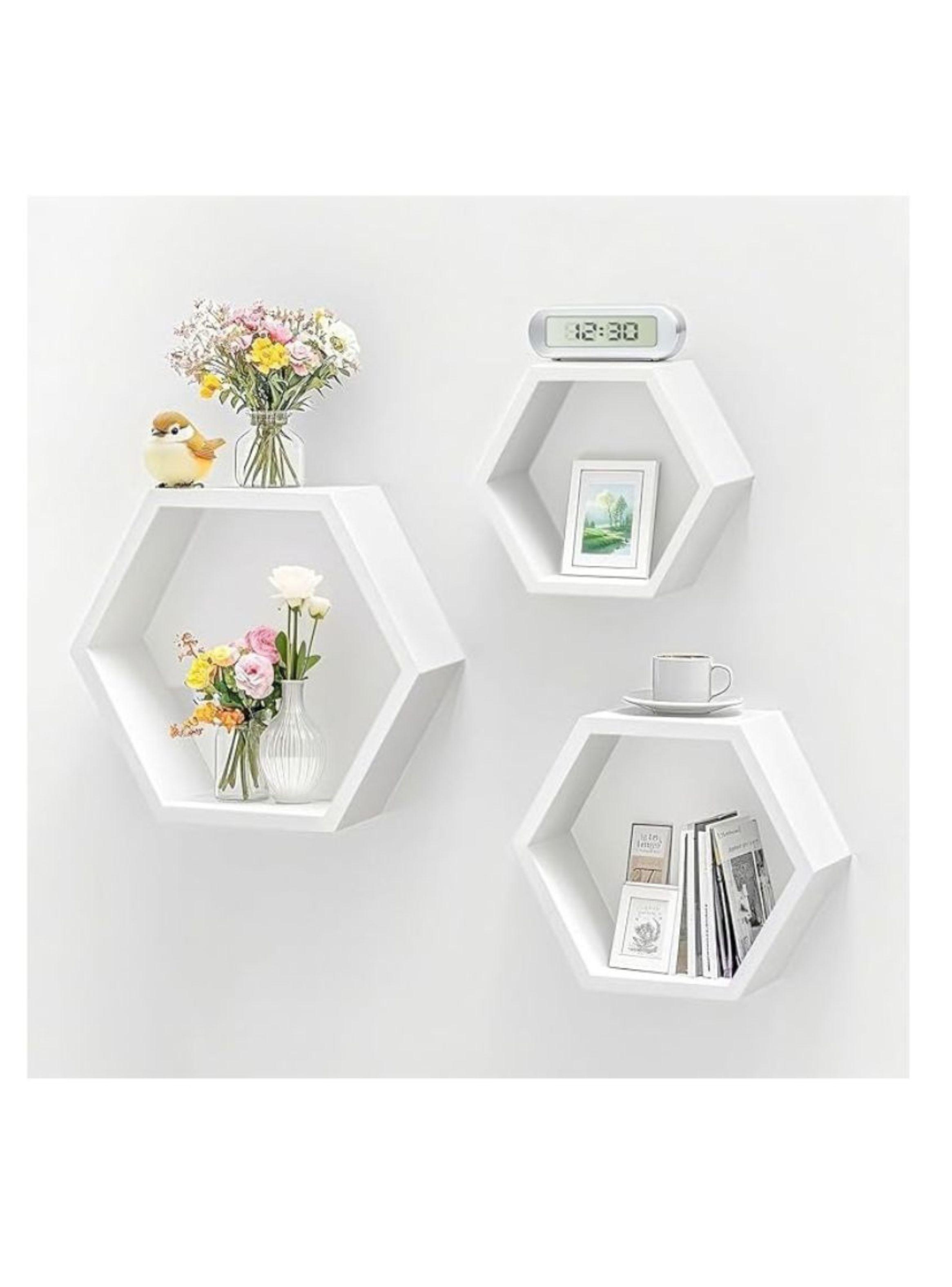 Set 3 Repisas Estante Flotantes Hexagonales de Madera Decorativo Moderno-3