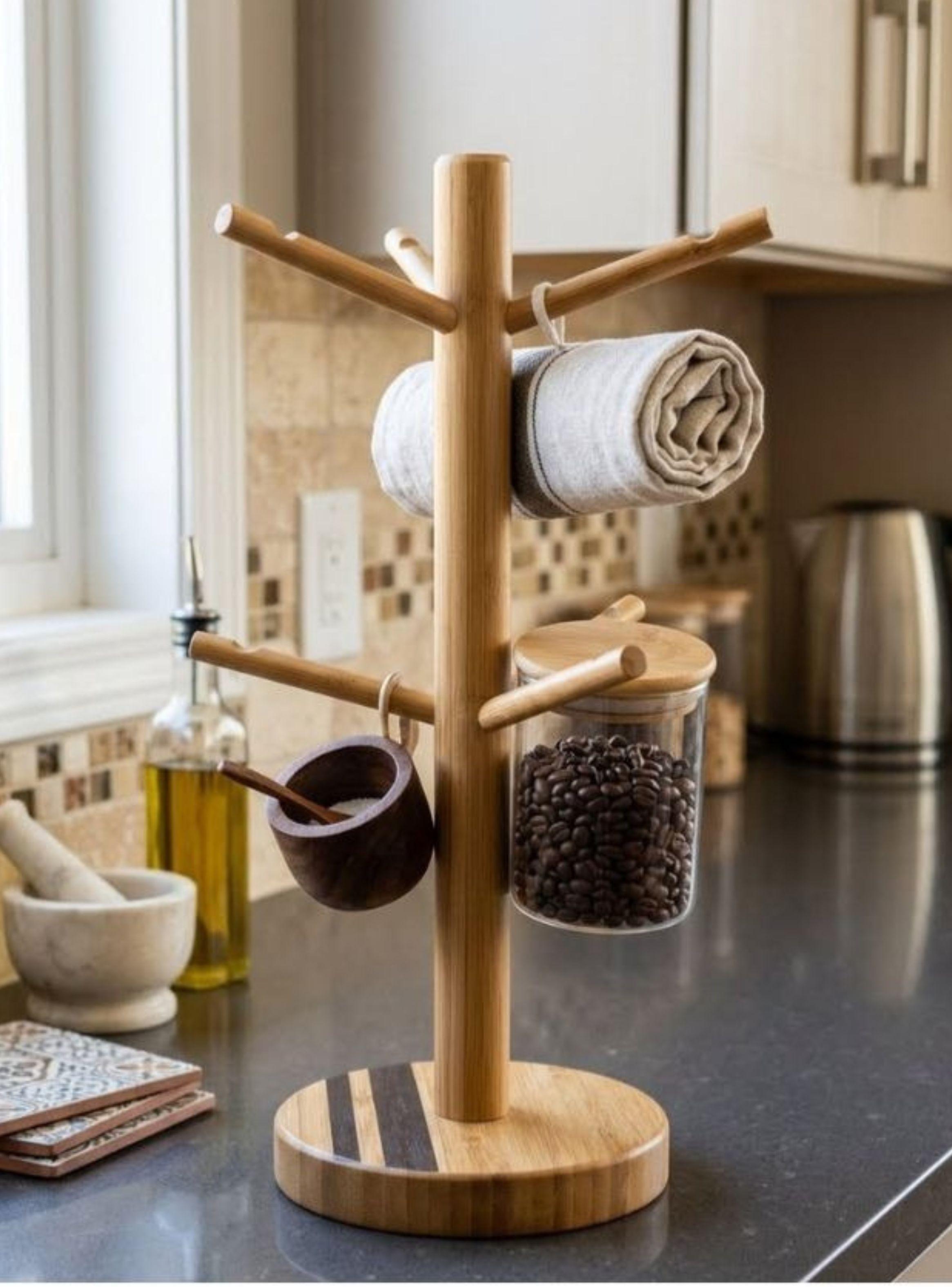  Porta Tazas Pie Bambú 6 Ganchos Árbol Organizador Cocina 33x12cm-3