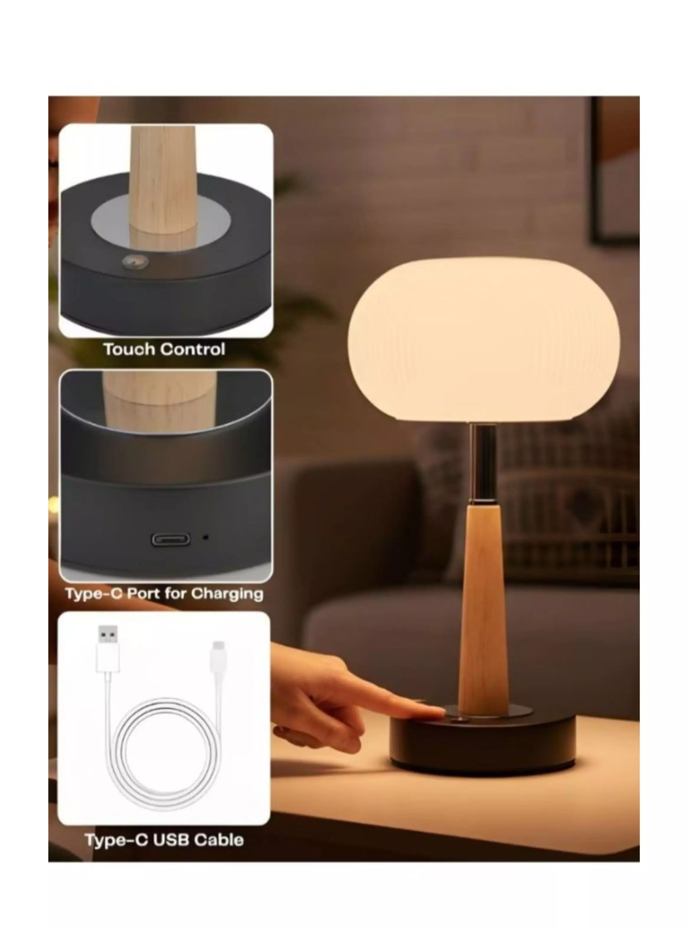 Lampara De Mesa Led Recargable Inalambrica Tactil Madera 29x15cm-3