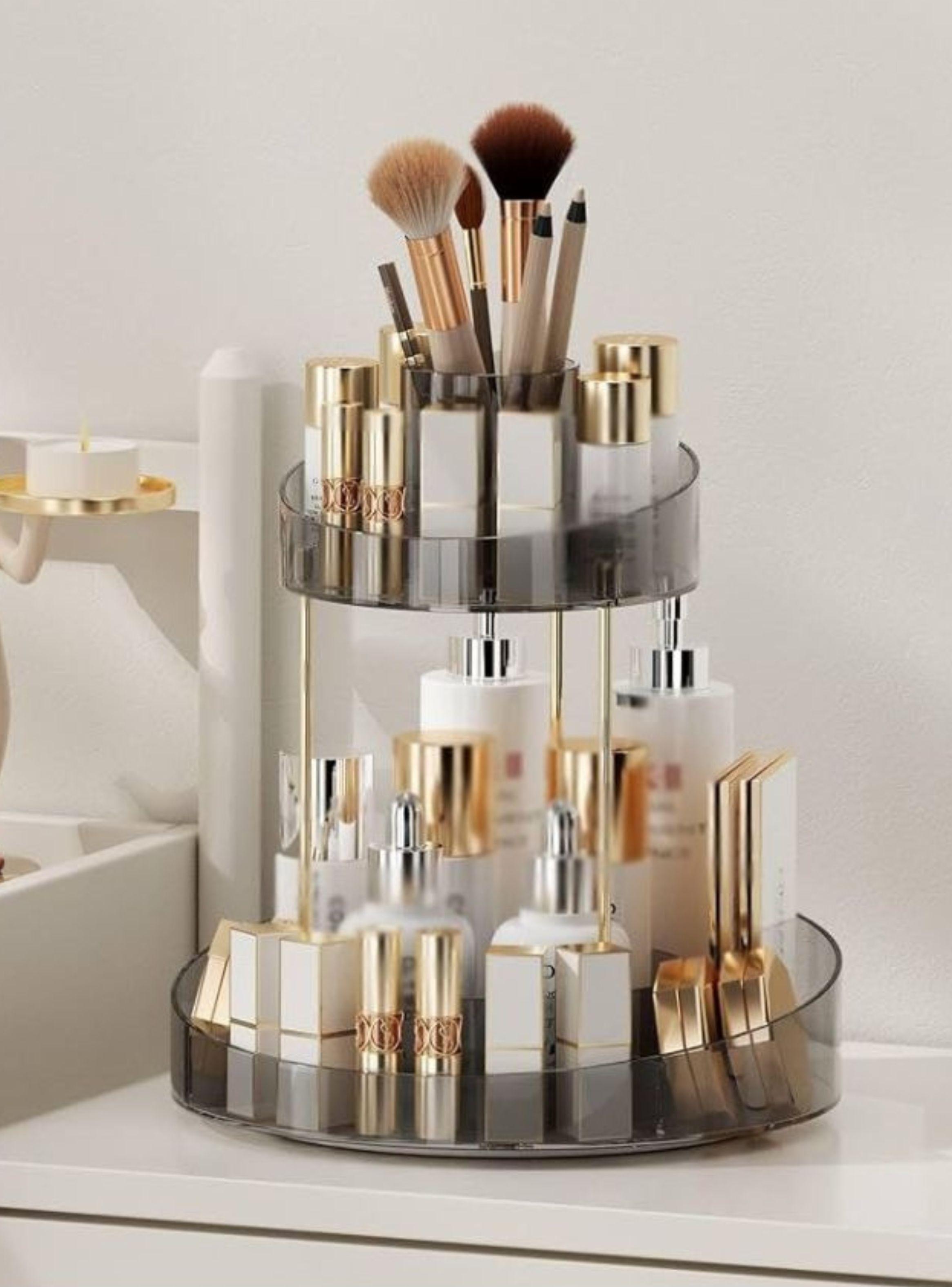  Organizador Maquillaje Giratorio 2 Niveles Rotación 360° Gris-2