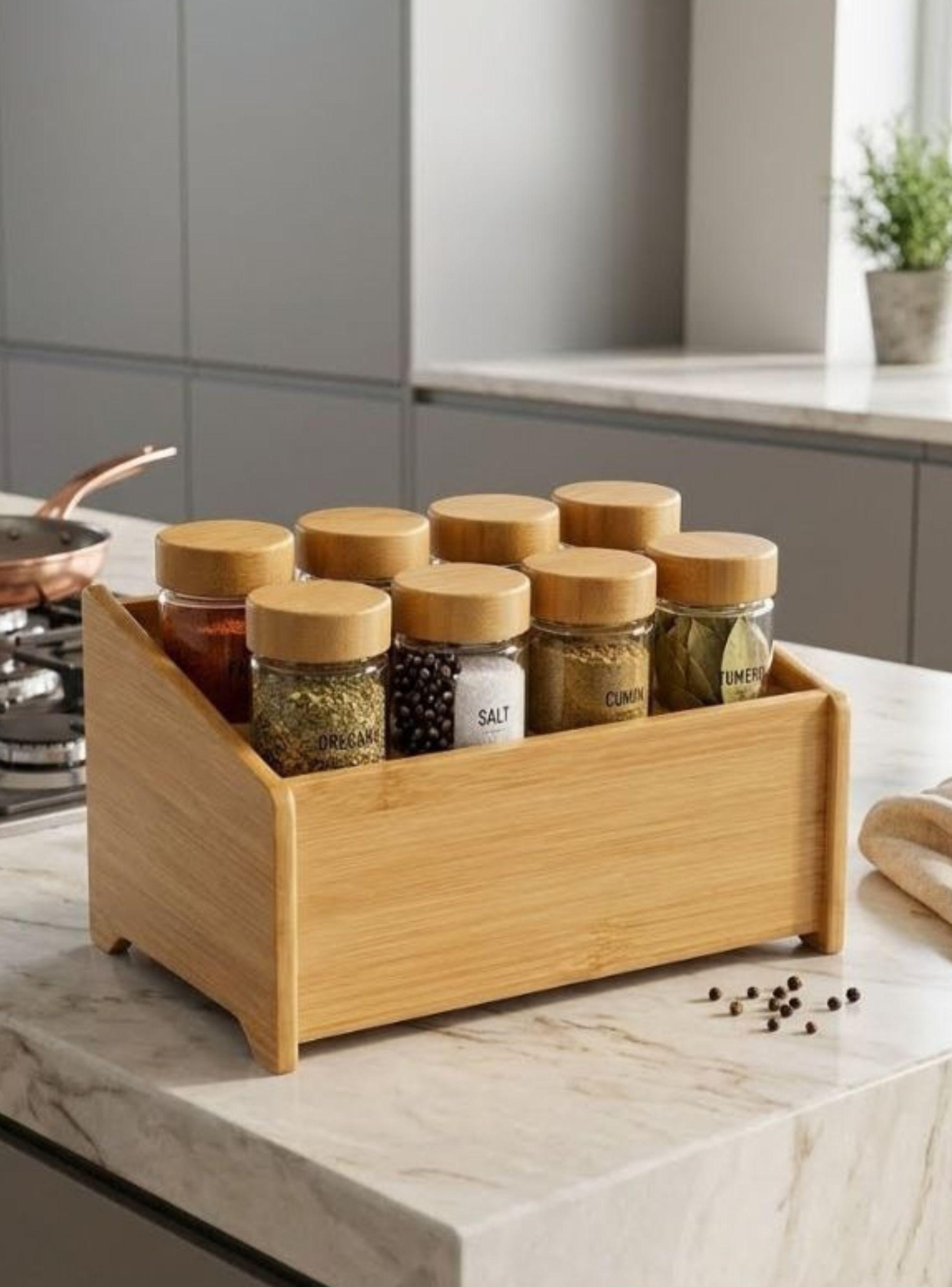 Organizador Especias Bambú 8 Frascos Vidrio Tapa Bambú Cocina-2