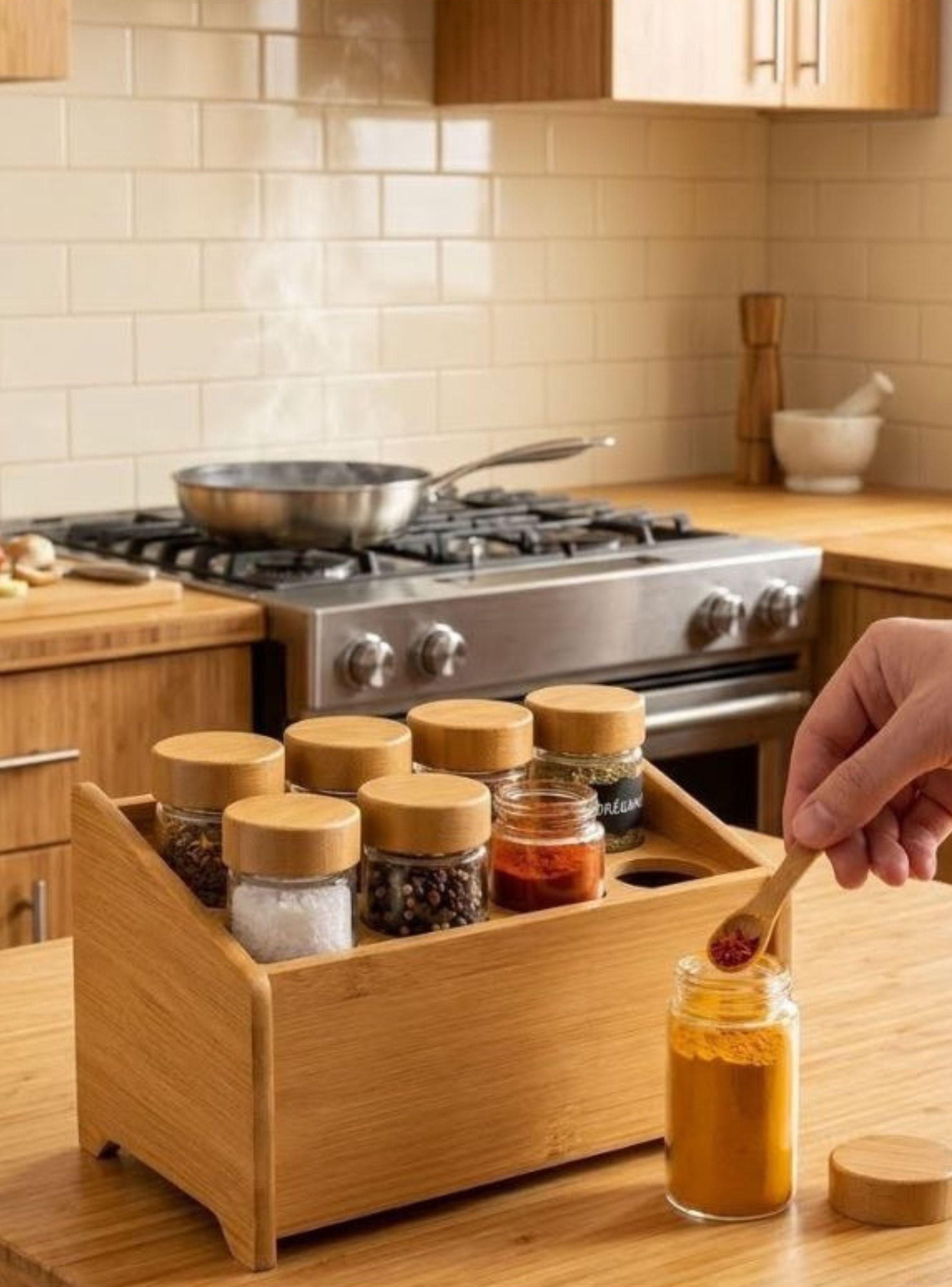 Organizador Especias Bambú 8 Frascos Vidrio Tapa Bambú Cocina-3