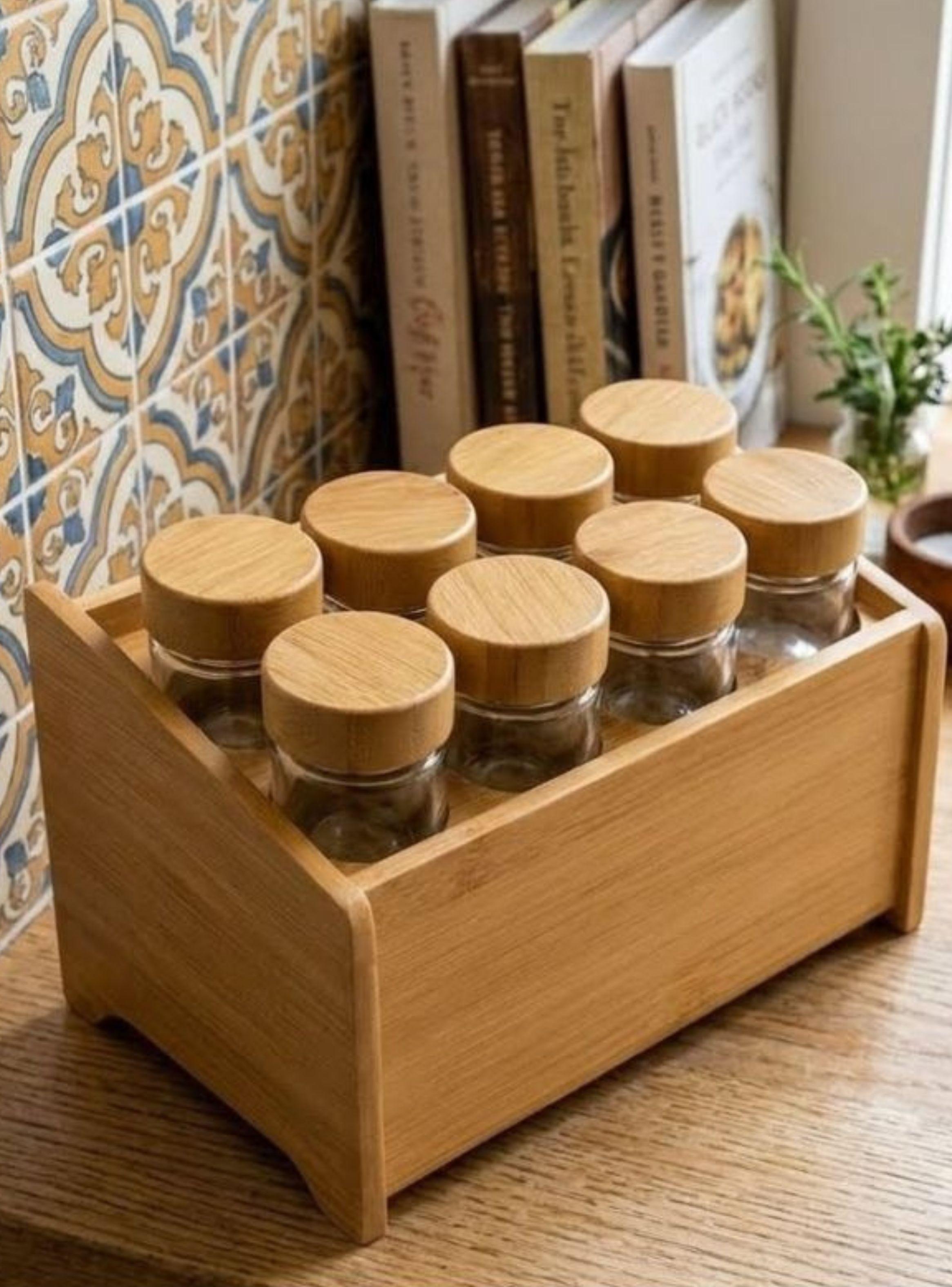 Organizador Especias Bambú 8 Frascos Vidrio Tapa Bambú Cocina-4