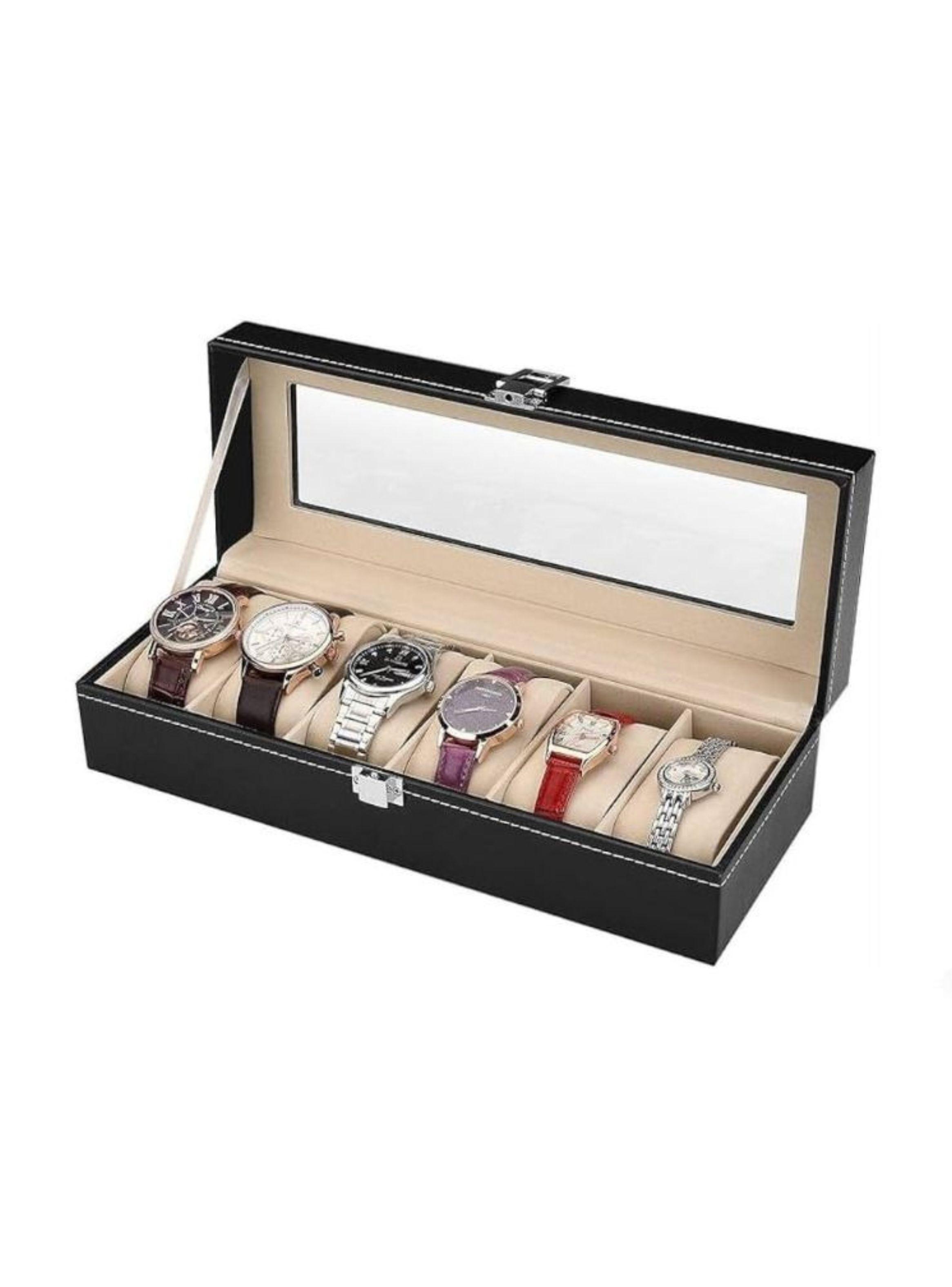 Caja Organizadora 6 Relojes Cuero PU Negro Tapa Cristal Estuche-0