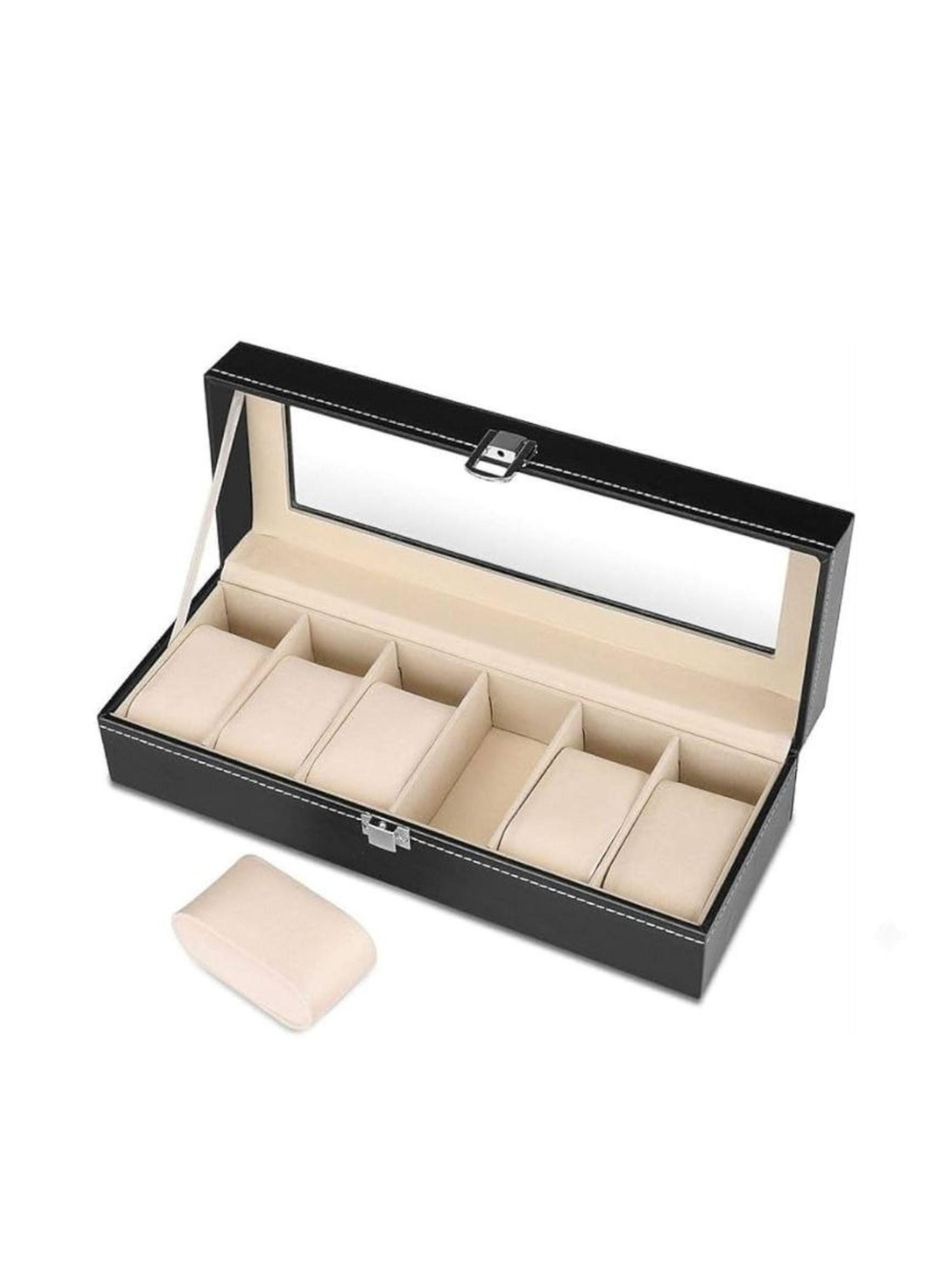 Caja Organizadora 6 Relojes Cuero PU Negro Tapa Cristal Estuche-1