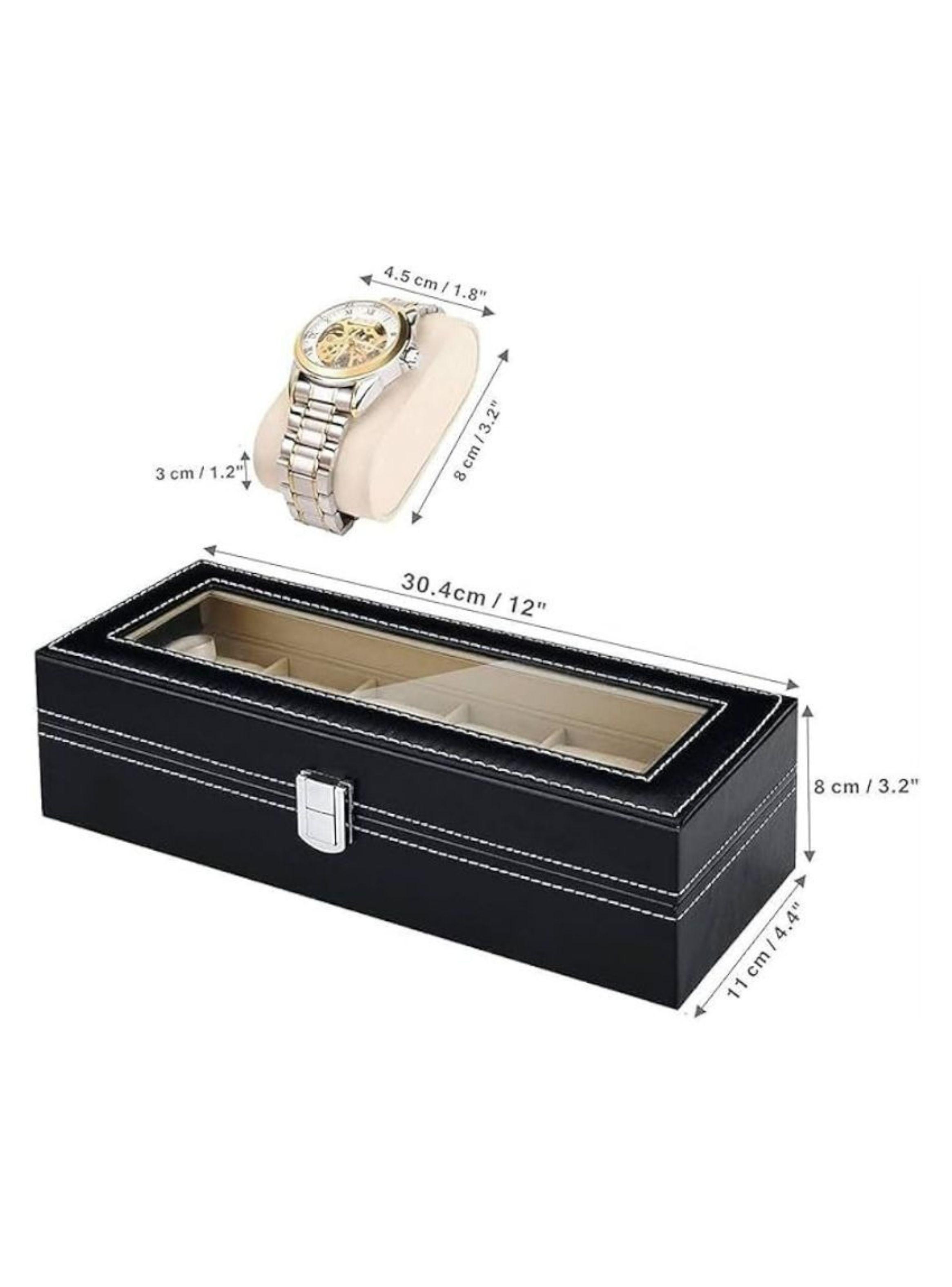 Caja Organizadora 6 Relojes Cuero PU Negro Tapa Cristal Estuche-2