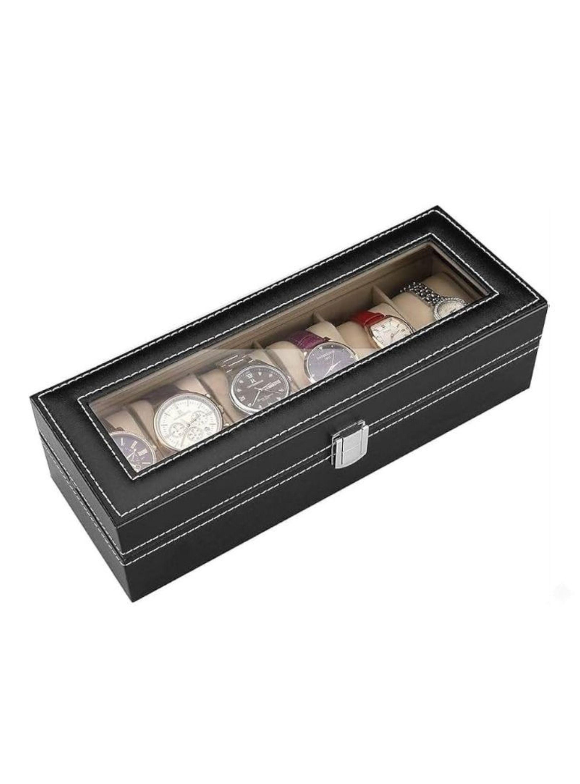 Caja Organizadora 6 Relojes Cuero PU Negro Tapa Cristal Estuche-3