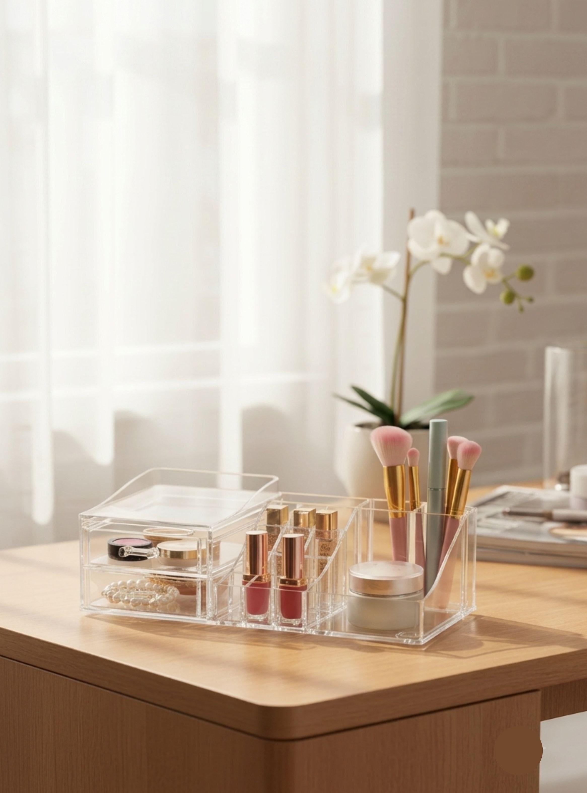 Organizador de Maquillaje Acrílico Transparente con Cajón y Compartimentos-2