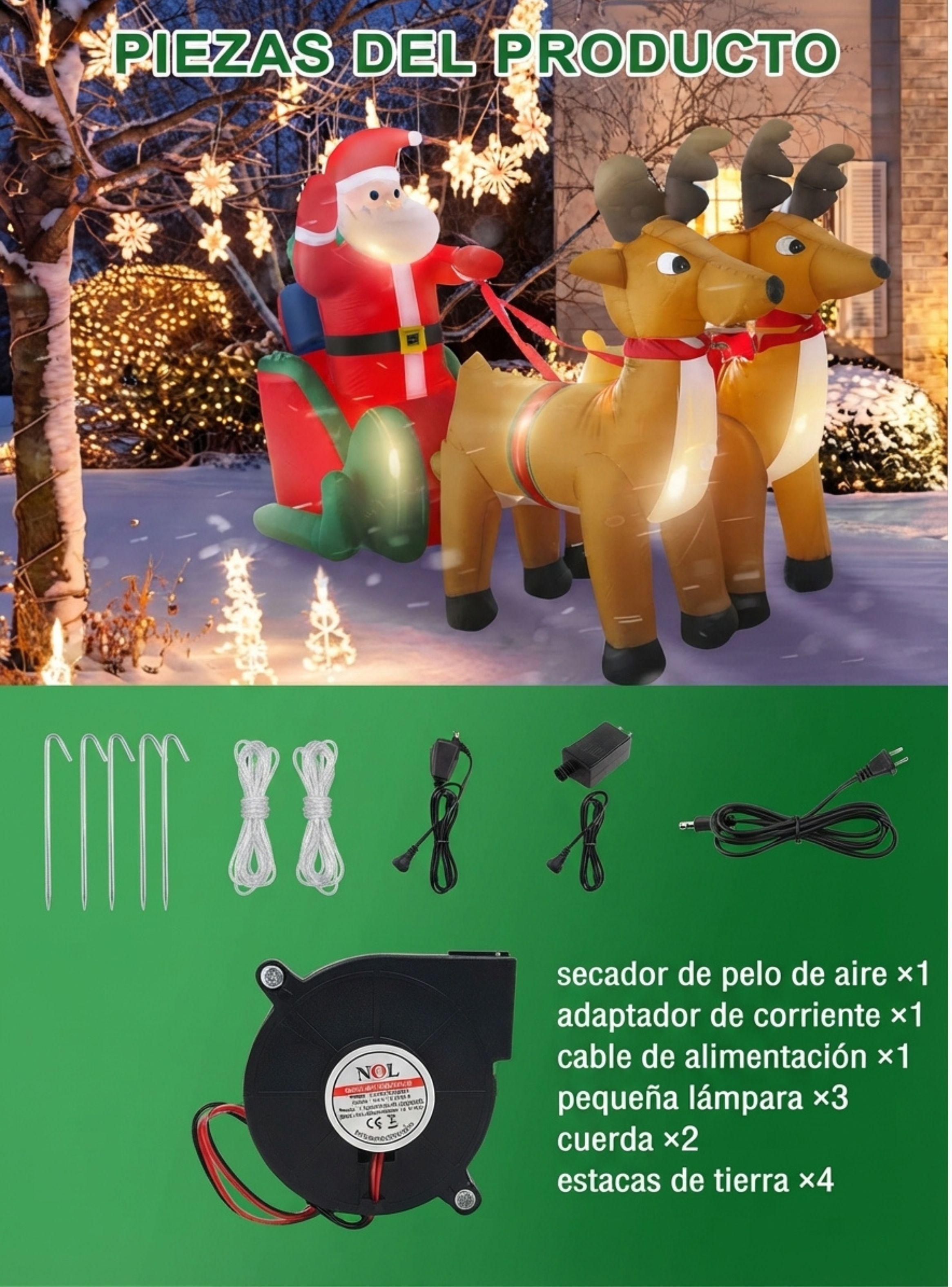  Inflable Navideño Papá Noel Con Renos Y Trineo Luz Led 2.4m-3