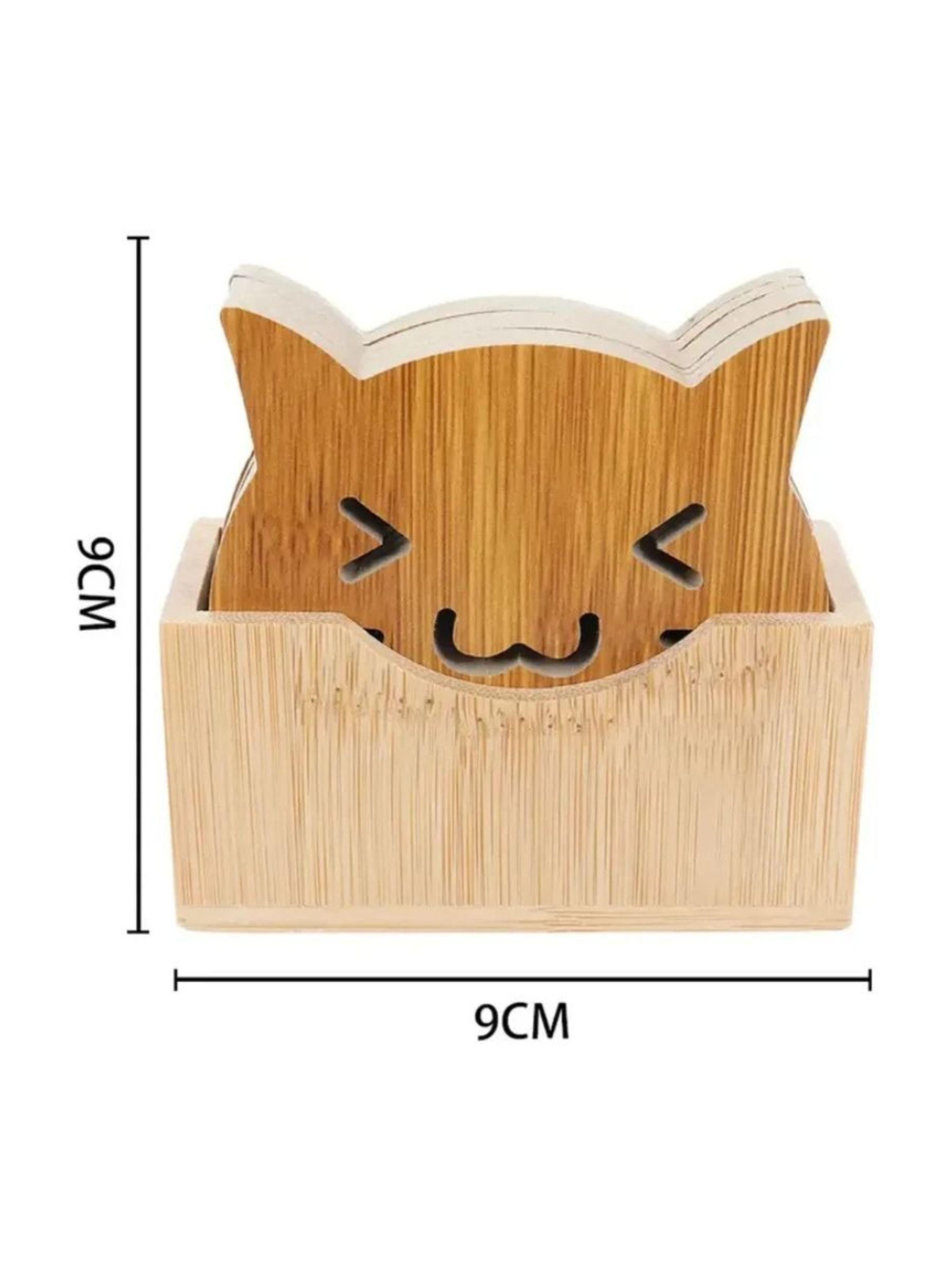 Set 7 Posavasos Bambú Diseño Gato Con Soporte Madera-3