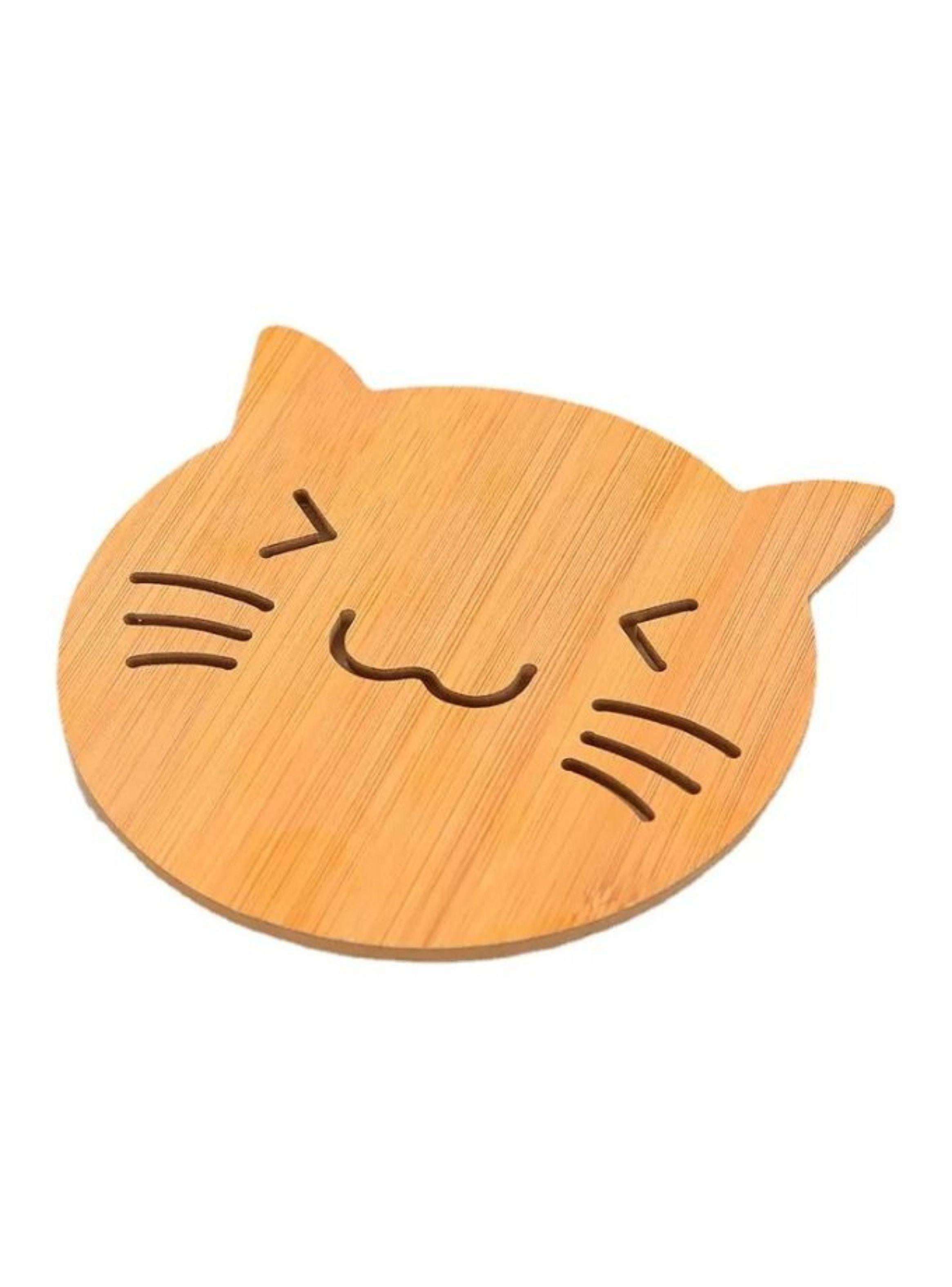 Set 7 Posavasos Bambú Diseño Gato Con Soporte Madera-2
