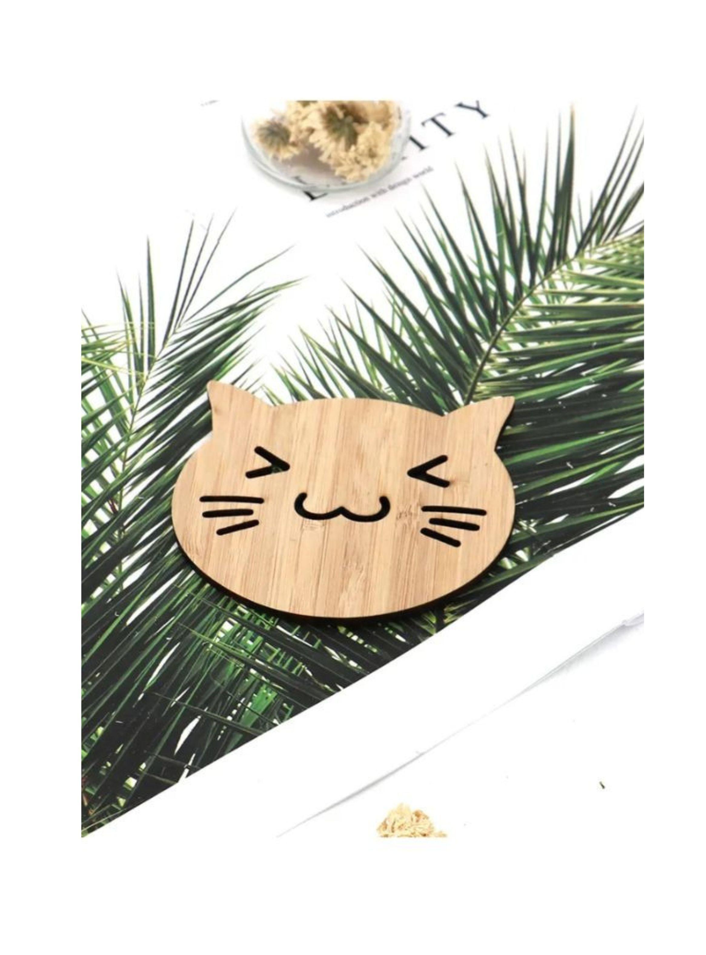 Set 7 Posavasos Bambú Diseño Gato Con Soporte Madera-4